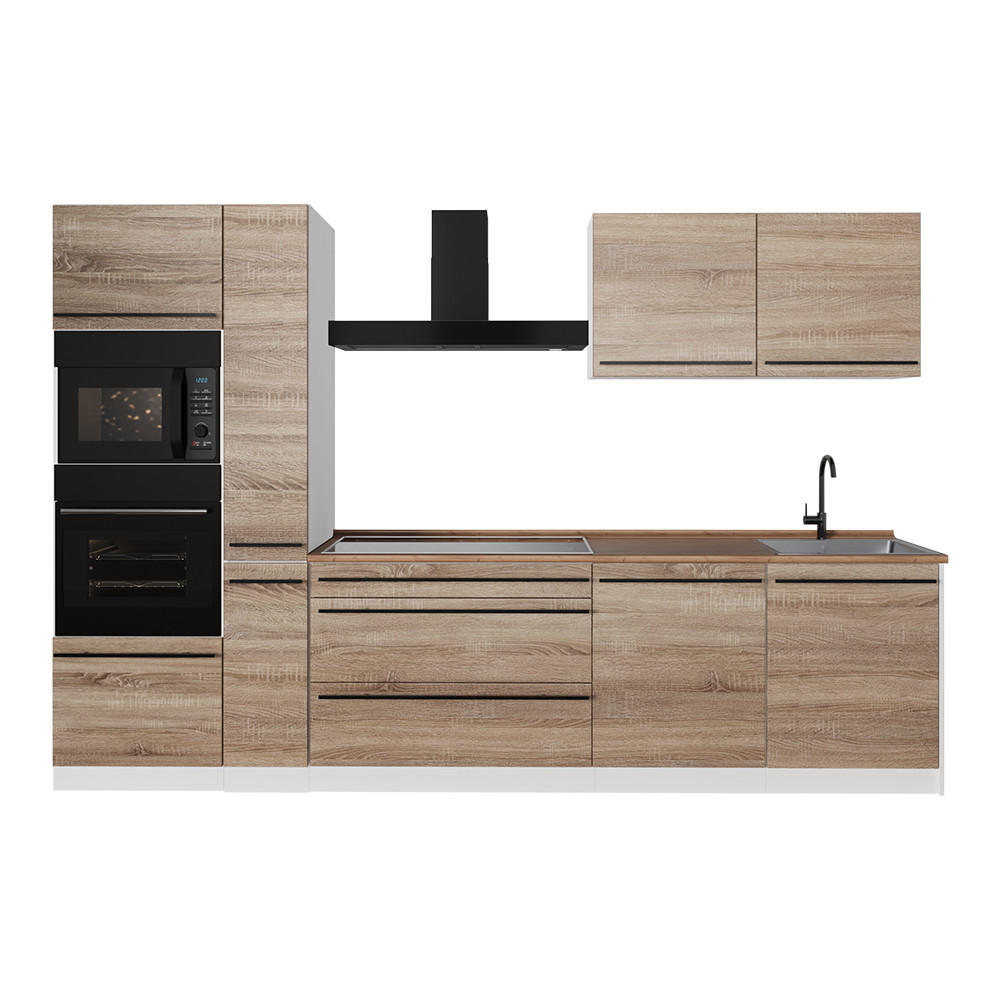 KÜCHENZEILE R-Line, Sonoma/Weiß, 310 cm Arbeitsplatte Goldkraft Eiche - Weiß/Sonoma Eiche, Holzwerkstoff (310/206.8/60cm) - Vicco
