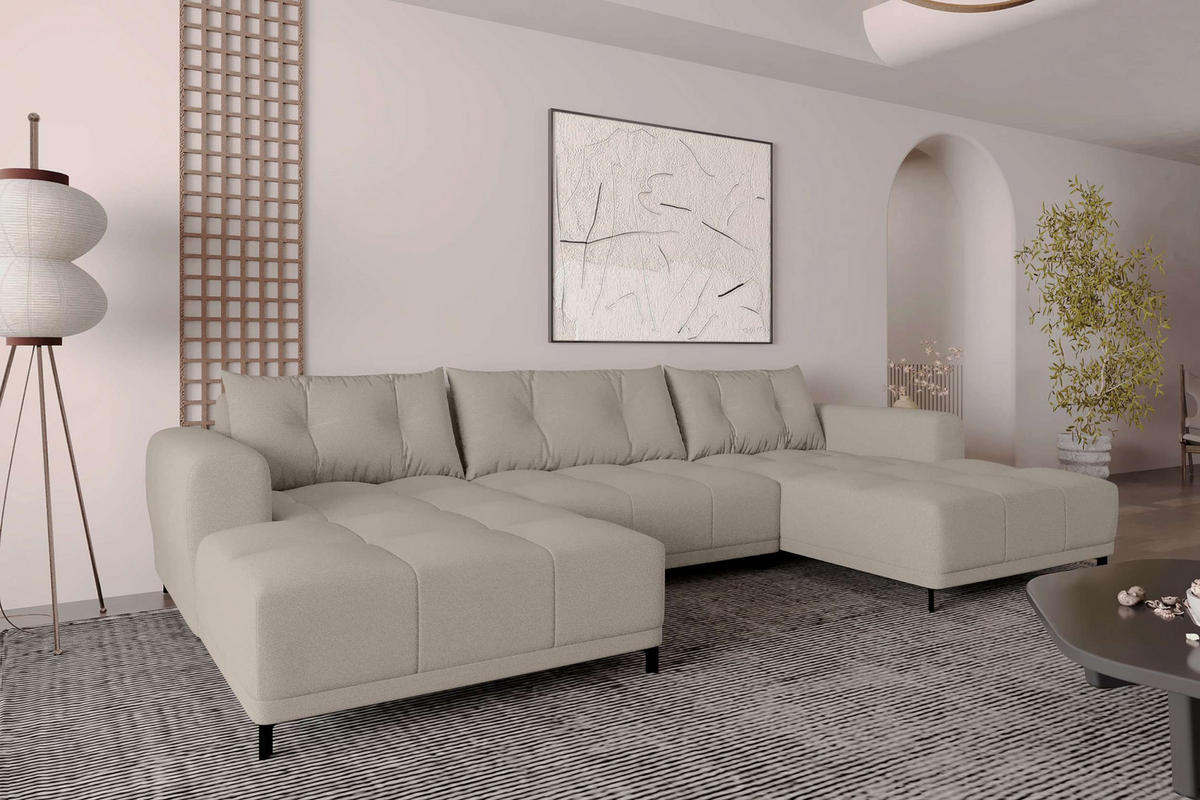 WOHNLANDSCHAFT Strukturstoff Beige inkl. Schlaffunktion - Beige/Schwarz, Textil/Metall (348/94/181cm) - 99rooms