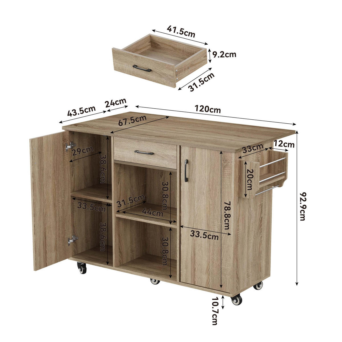 KÜCHENWAGEN mit klappbarer Arbeitsplatte 120 cm Natural - Naturfarben, Holz (67.5/92.8/136.5cm) - Beauniv