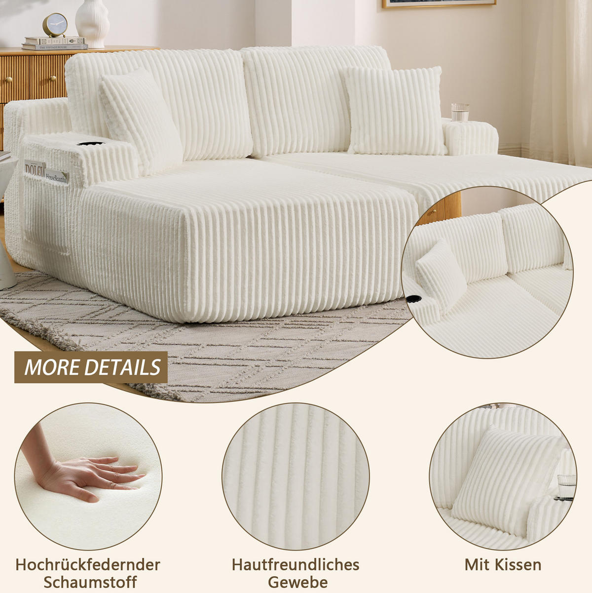SCHLAFSOFA aus Kordstoff Beige mit Getränkehalter, Seitentasche und abnehmbaren Kissen - Beige, Kunststoff (186/78/154cm) - Modfu
