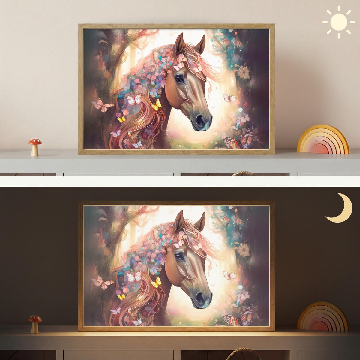 NÁSTĚNNÁ LAMPA S AKUMULÁTOREM Kůň - Příroda - Květiny - Motýli - Les 60x40 cm - tmavě hnědá, kompozitní dřevo (60/40/8cm) - OnlyWow