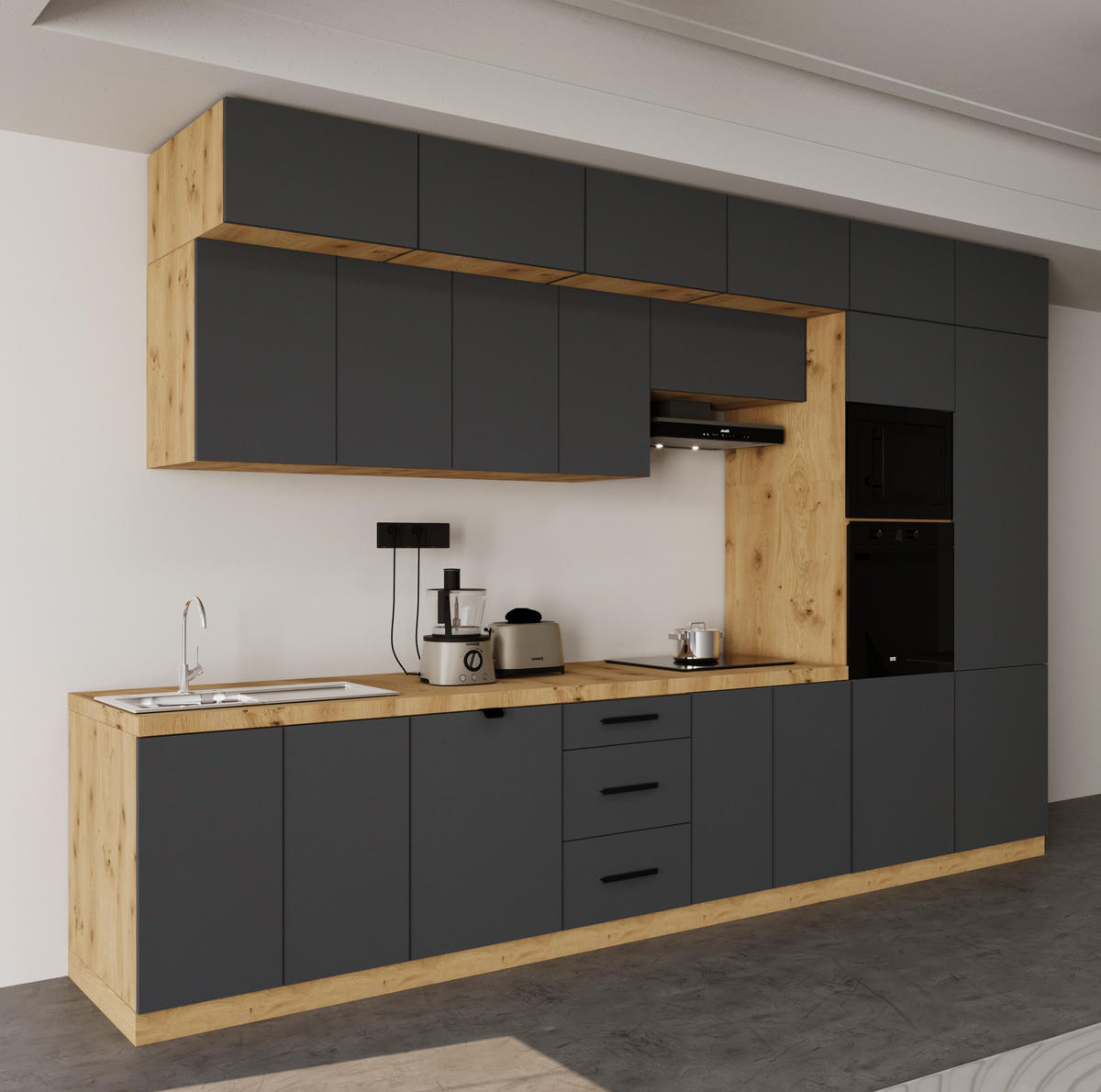 KÜCHENZEILE 400 cm - Langen KL9-M400 in Grau/Matt - Grau, Holz (400/248/58cm)