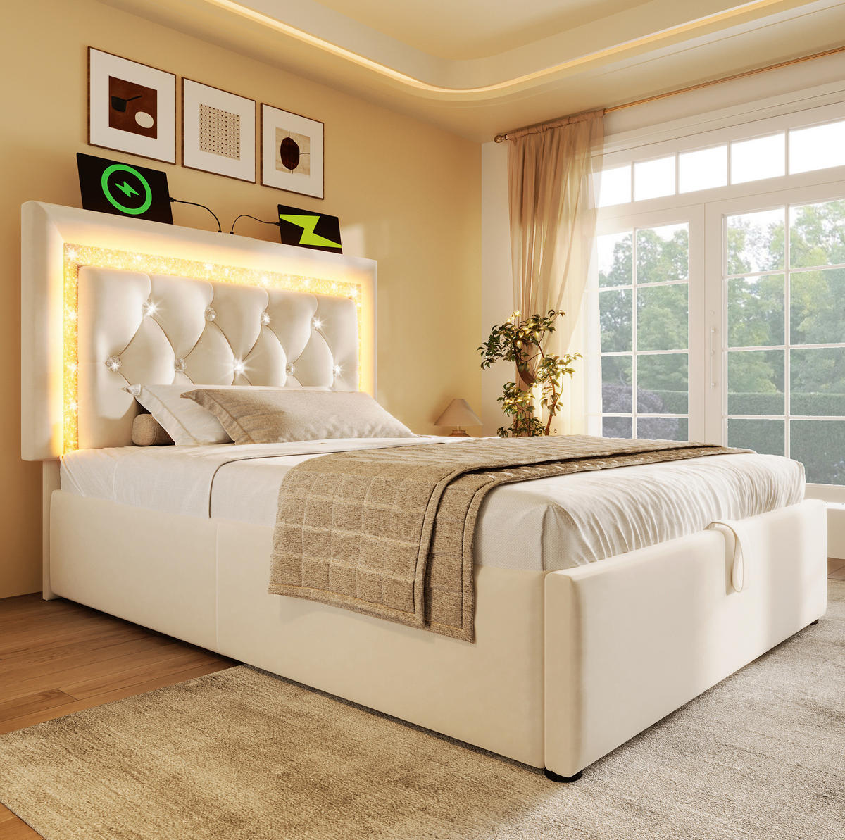 SAMT-POLSTERBETT 90/200 cm mit LED-Beleuchtung, Bettkasten und USB/Type-C - Beige, Textil (90/200cm) - BEAOK