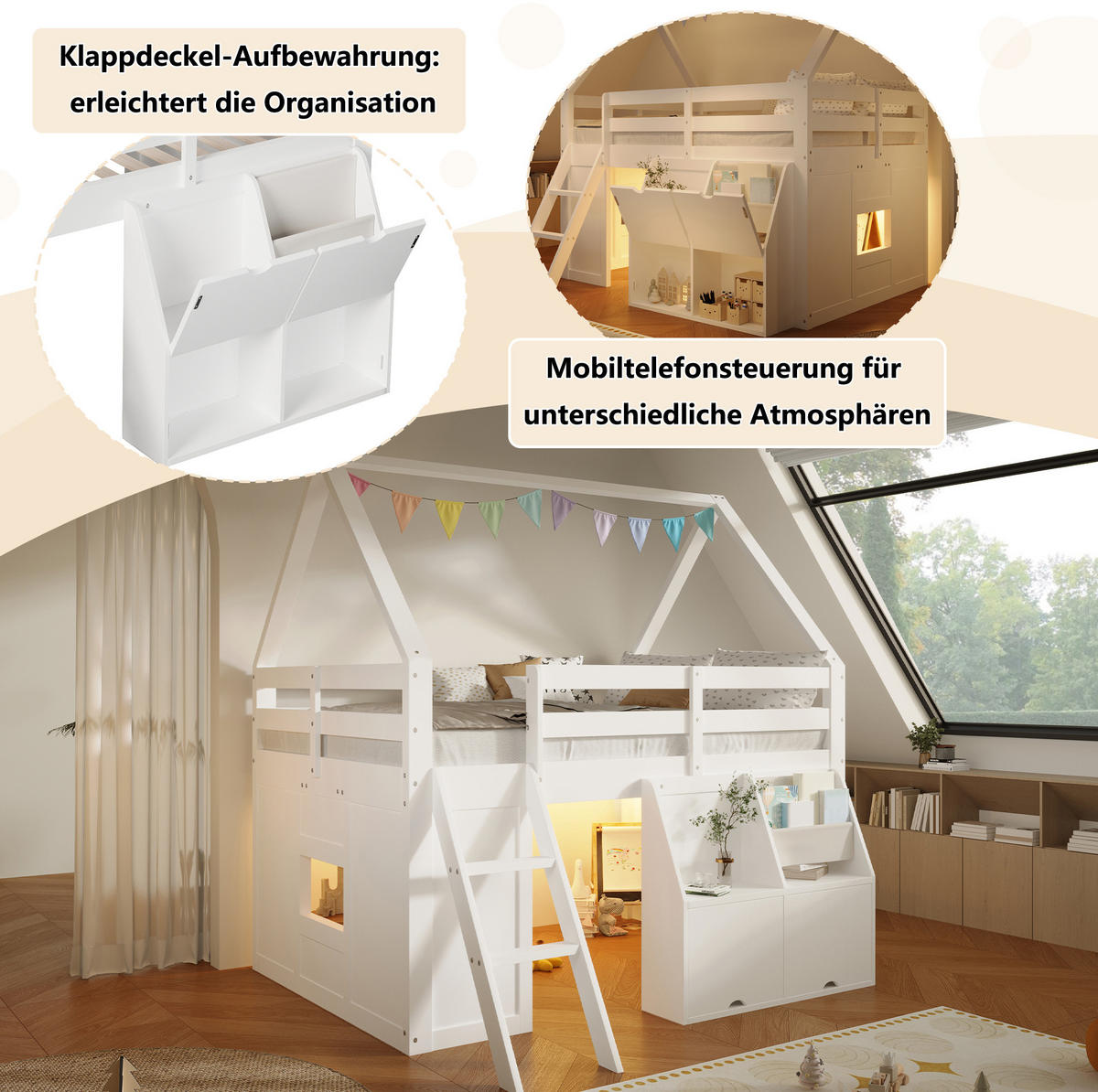 HOCHBETT aus Holz 140x200 cm Weiß mit Treppe, LED-Beleuchtung, Aufbewahrungsboxen und Stofftaschen - Weiß, Holz (140/200cm) - Modfu