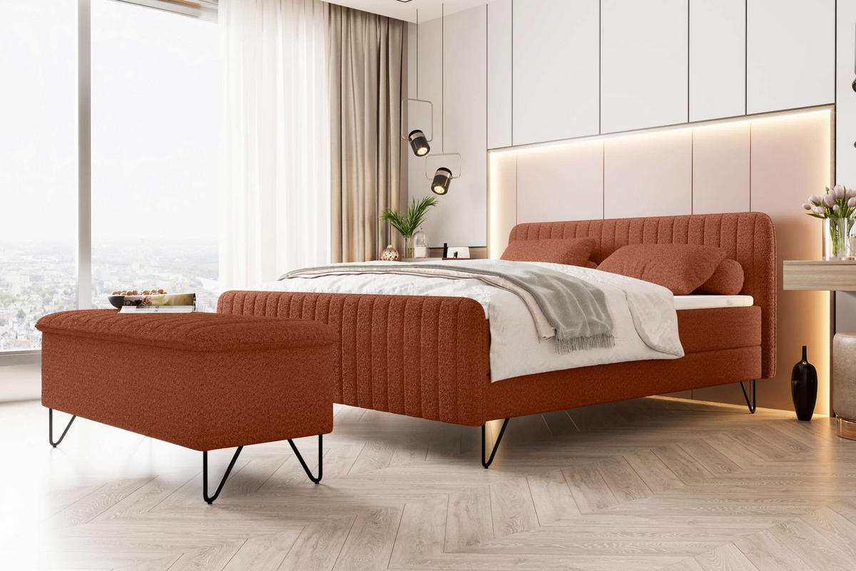 BOXSPRINGBETT LUCIO mit Hocker Bouclé-Stoff Terracotta 180/200 cm - Terracotta/Schwarz, Textil/Metall (180/200cm) - 99rooms
