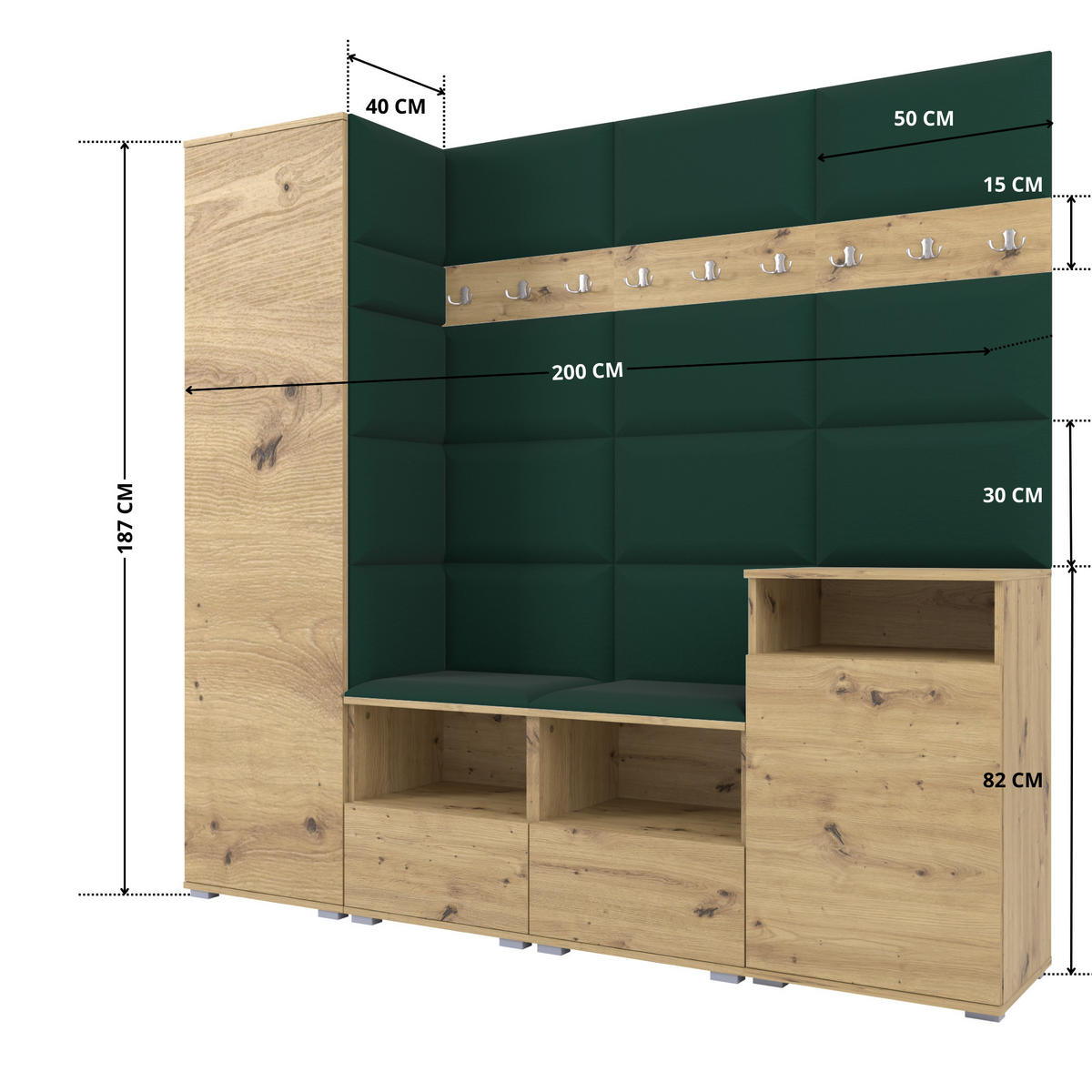 GARDEROBE NELA IX 200 cm (Modulare Flurmöbel Artisan Eiche mit Sitzpolster Flaschengrün 28 Breite Sitzbank) - Dunkelgrün/Silberfarben, Holz/Holzwerkstoff (200/187/40cm) - Ravio