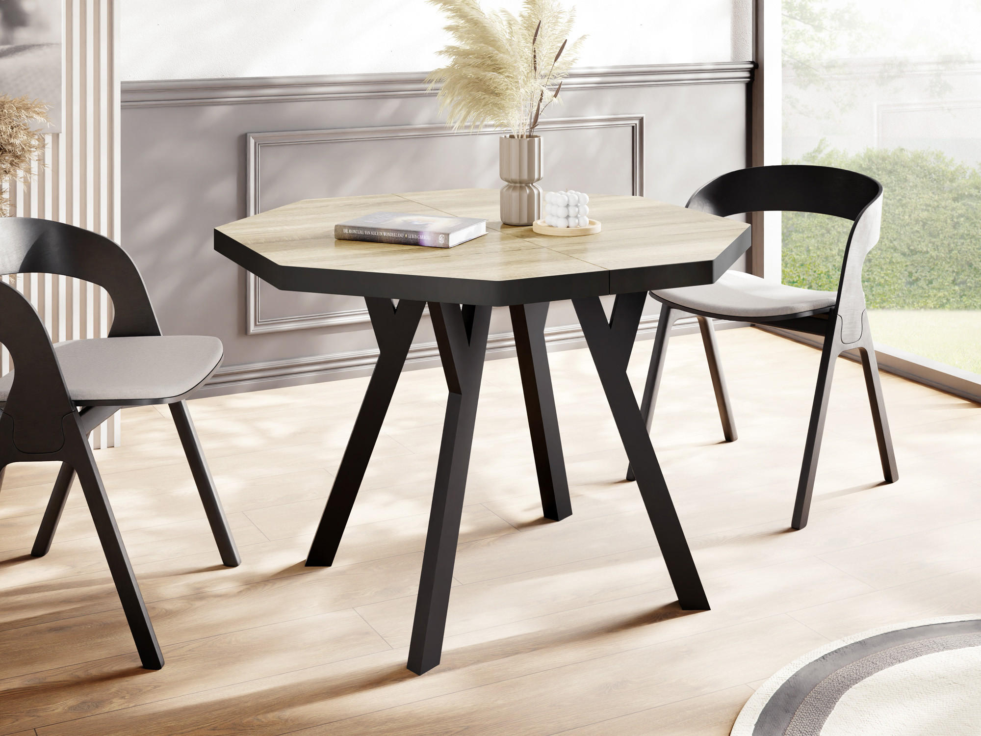 ESSTISCH Desmond achteckiger ausziehbarer, Sonoma Eiche 100-150/100/76 cm - Schwarz/Sonoma Eiche, Holz/Holzwerkstoff (100/100/76cm) - WFL GROUP