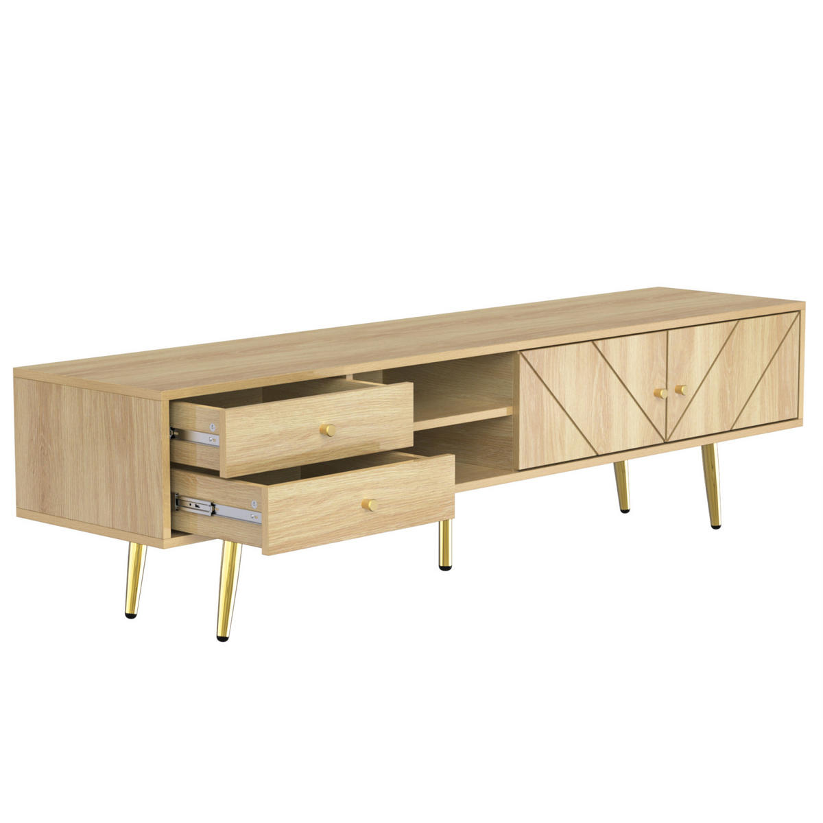 TV Lowboard 160 cm, 2 Schubladen, 2 Türen, goldene Füße, Holz - Braun, Holz (160/42/36cm)