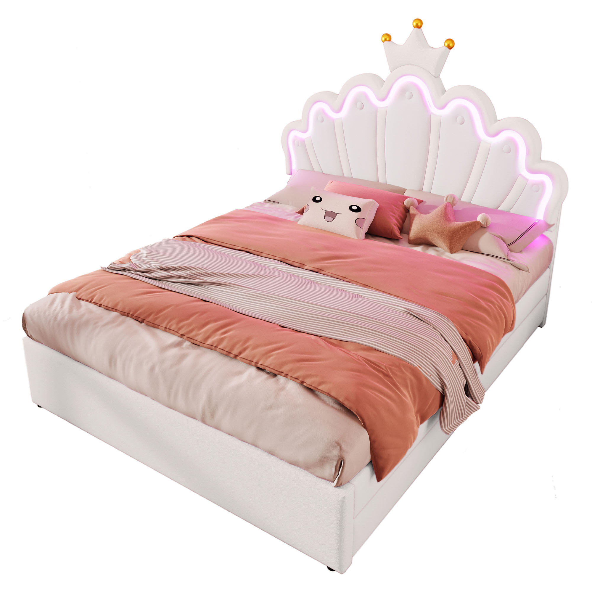 KINDERBETT 140/200 cm Weiß mit Ambientelicht und 2 Schubladen - Weiß, Leder (140/200cm) - OKWISH