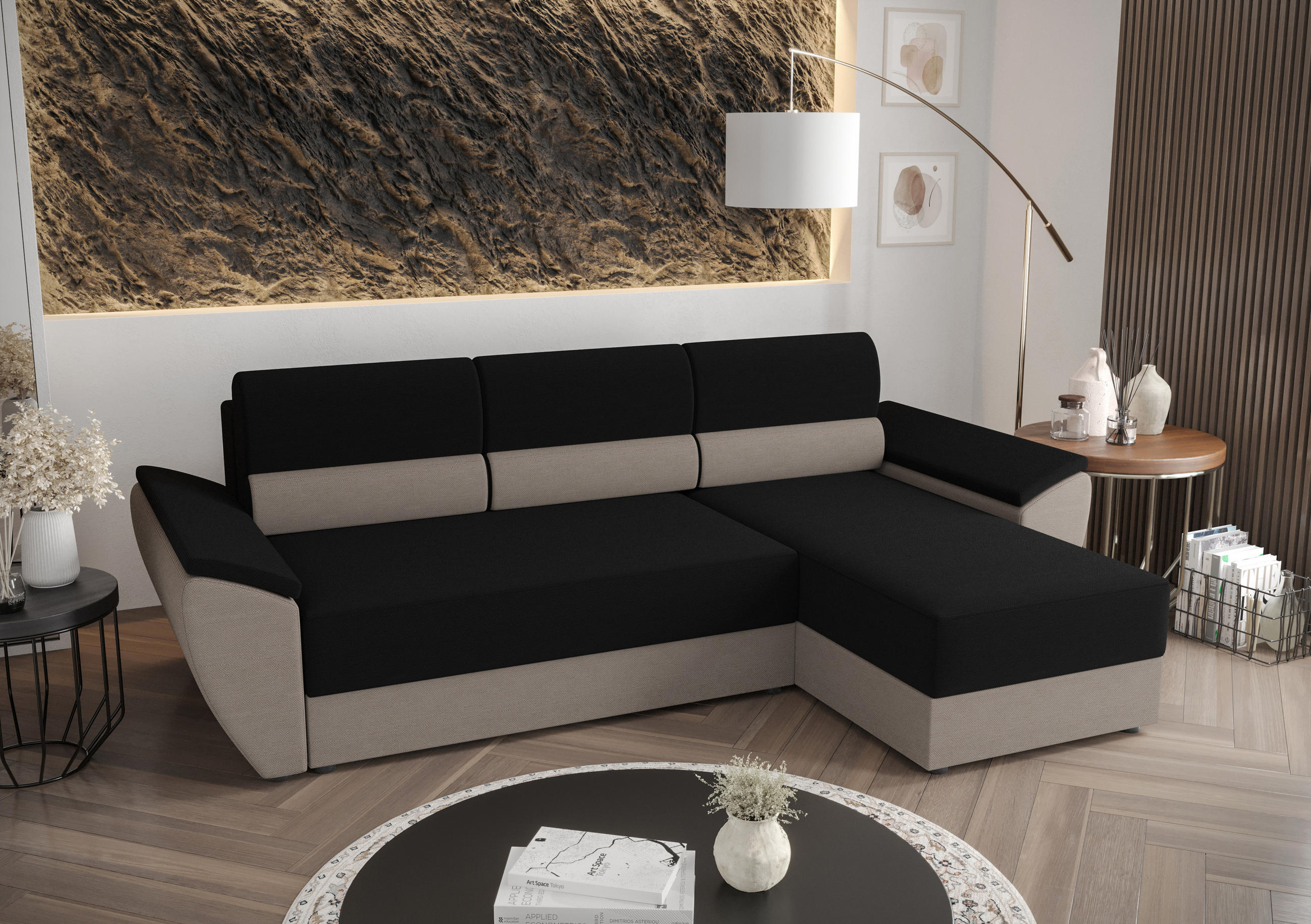 ECKSOFA L REBI L2 Rainbow 15/83 Rechts mit Schlaffunktion, L-Form - Beige/Schwarz, Textil (251/140cm)