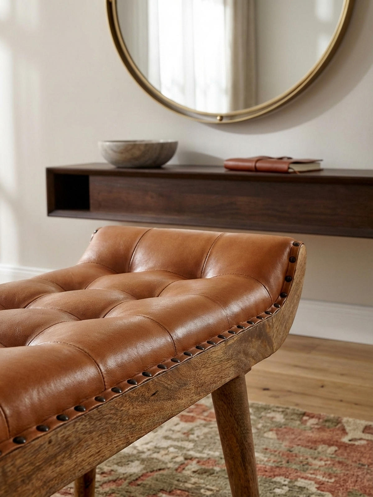 SITZBANK Massivholz Chesterfield Muster, Braun 125x38x50 cm - Braun, Mangoholz/Leder (125/50/38cm) - KADIMA DESIGN