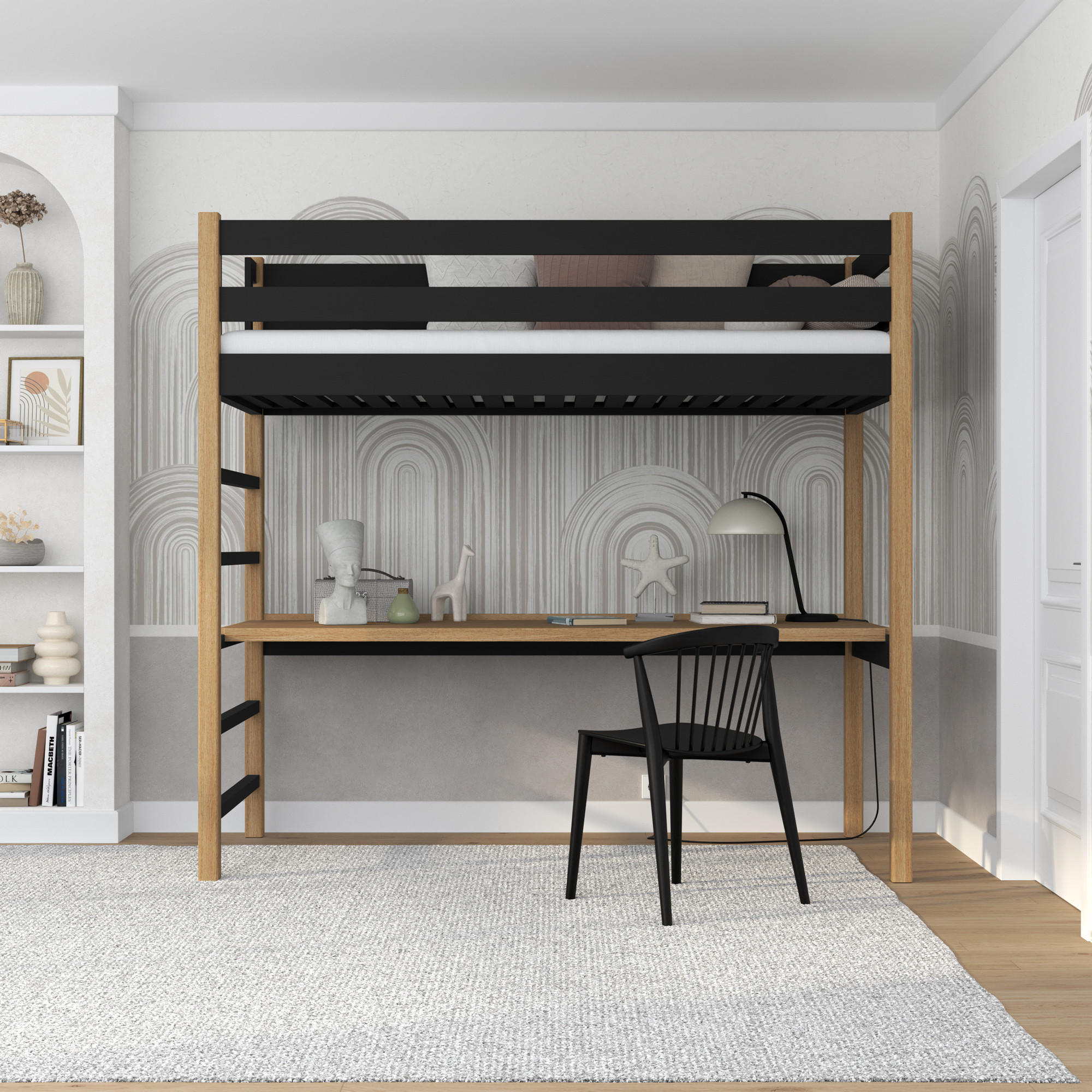 HOCHBETT N01 mit Schreibtisch Schwarz / Eiche Natur 90/200 - Schwarz/Eiche Artisan, Naturmaterialien/Holz (90/200cm) - N-Wood