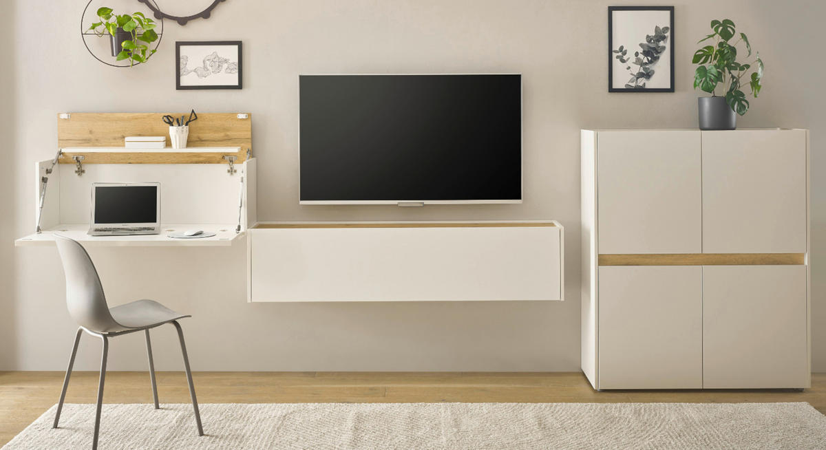 WOHNWAND weiß, Eiche Wotan 370 cm, Wohnkombination mit Sekretär - Eiche Wotan/Schwarz, Holz/Holzwerkstoff (370/122/40cm) - Furn.Design