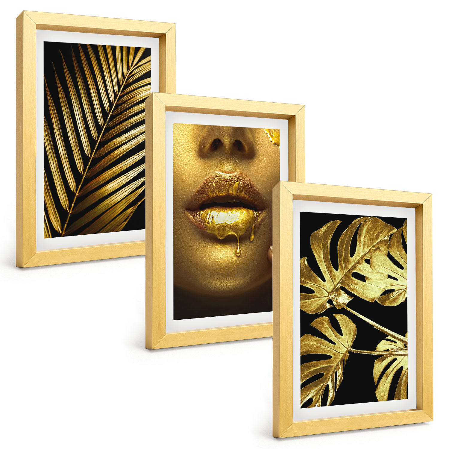 BILDER SET 3er Set - 20x30 cm Goldrahmen - Mund einer Frau mit Monstera-Palme - Goldfarben, Kunststoff (20/30cm) - TULUP