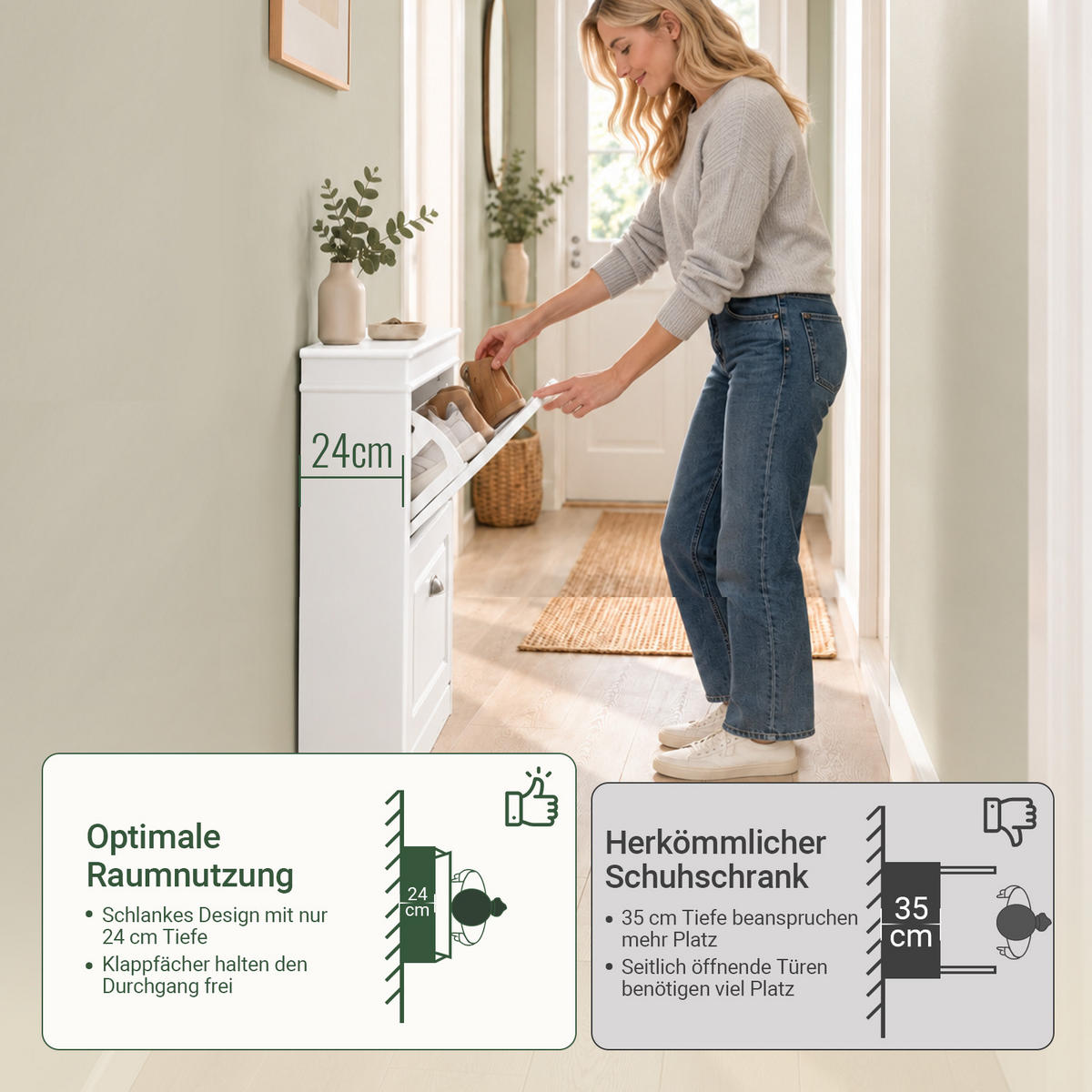 COMODĂ pentru intrare cu două sertare tip pantofar - alb, compozit lemnos (53/82/24cm) - SoBuy
