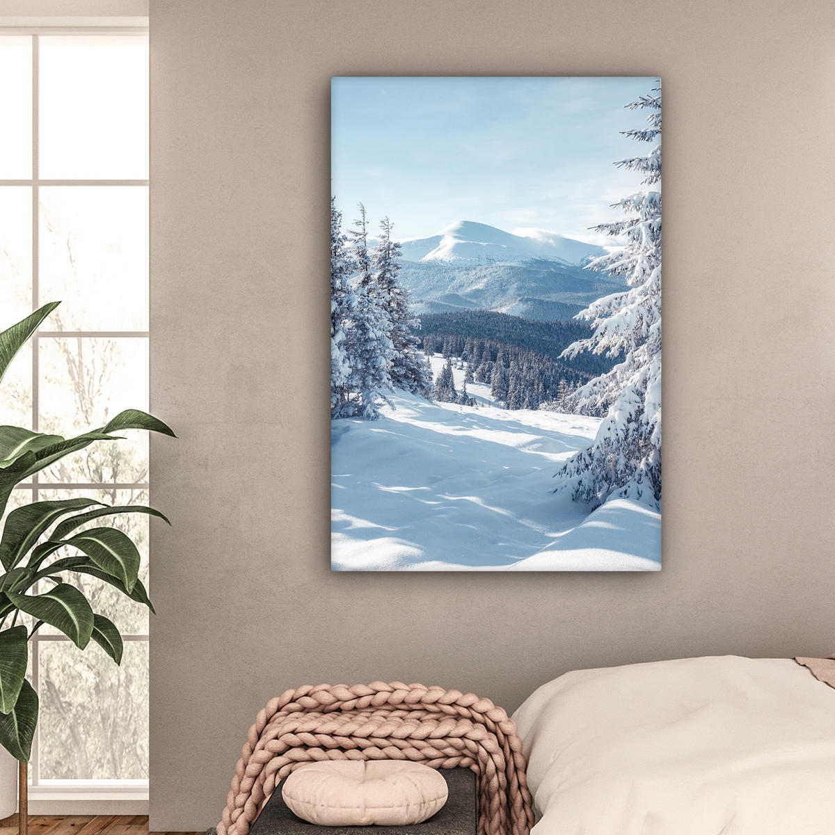 LEINWANDBILD Winterlandschaft - Natur - Berge - Bäume - Schnee 90x140 cm - Hellblau, Textil (90/140cm) - MuchoWow