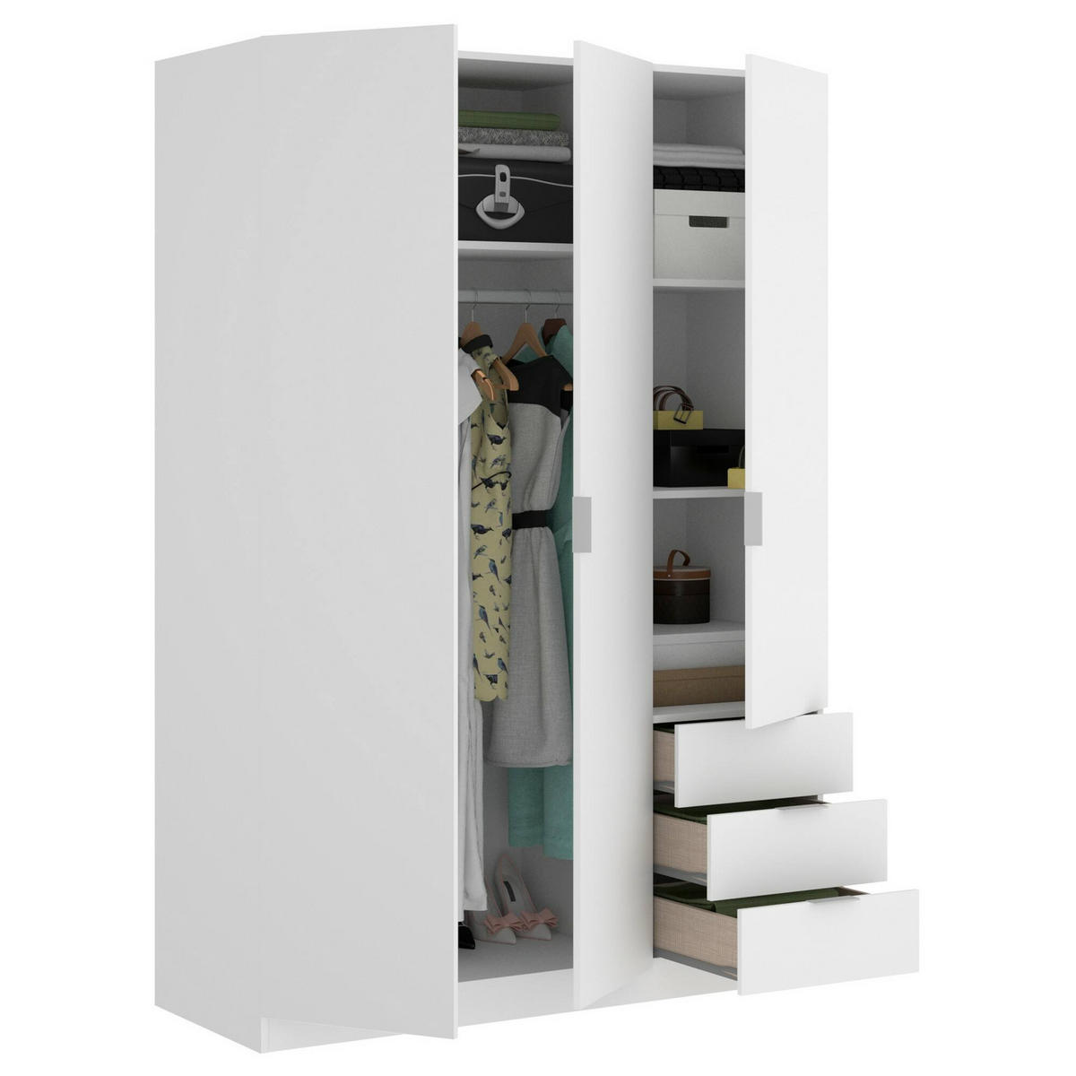 KLEIDERSCHRANK 3 TÜREN Weiß 52/121/184 cm - Weiß, Holzwerkstoff (121/184/52cm) - DMORA