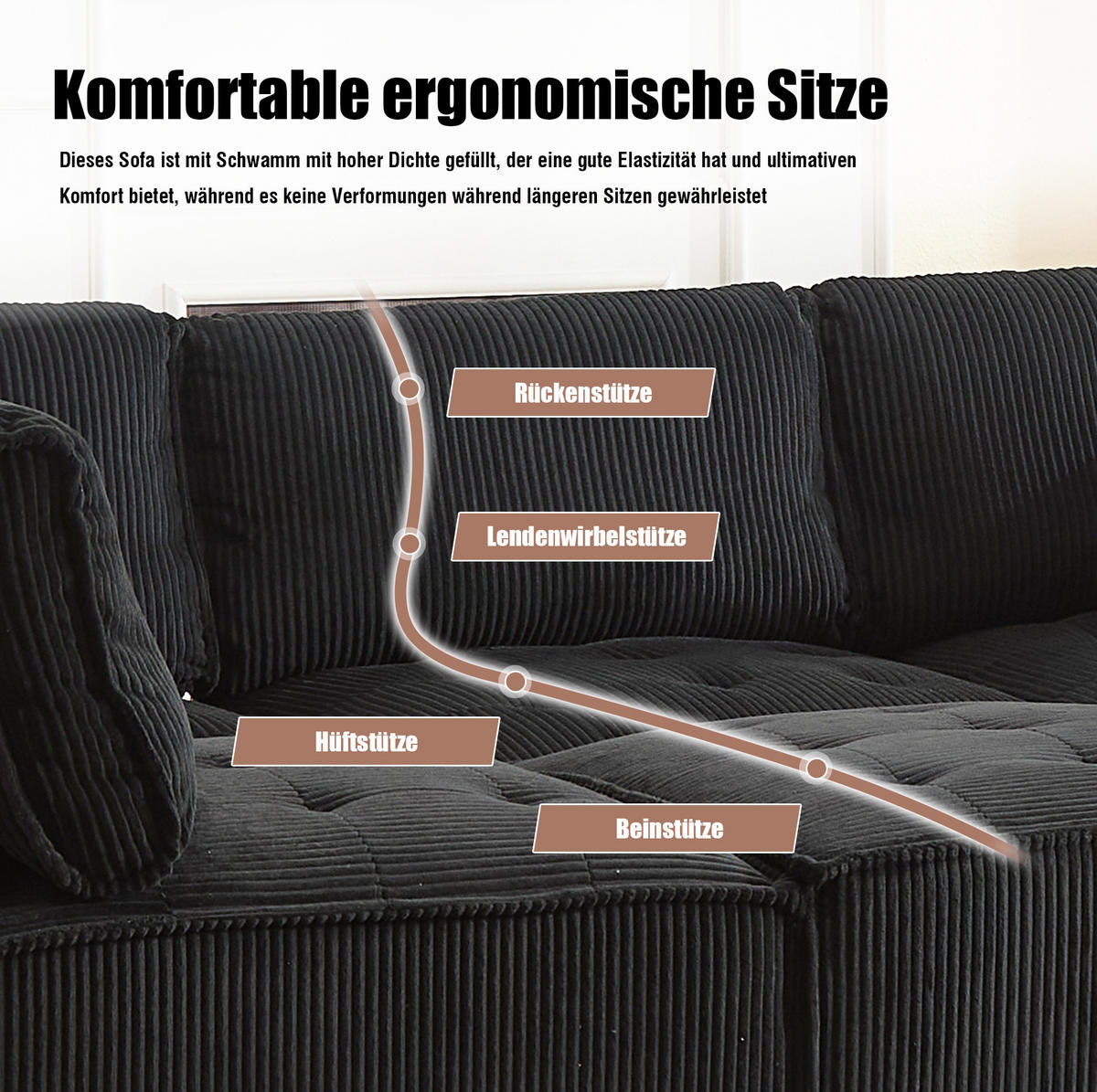 SEDACIA zostava z menčestru, 308/154/81,99 cm čierna, modulárna 6-miestna - čierna, textil (154/82/308cm) - BEAOK