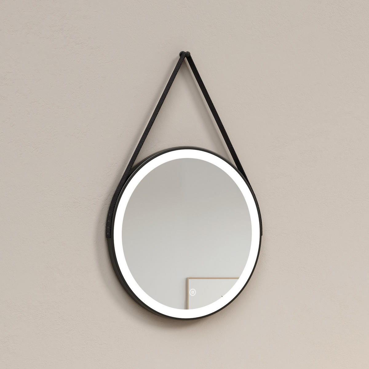 BADSPIEGEL Rund mit Beleuchtung mit Hängeriemen Schwarz ф60 cm - Schwarz, Glas (60/3/60cm) - EMKE