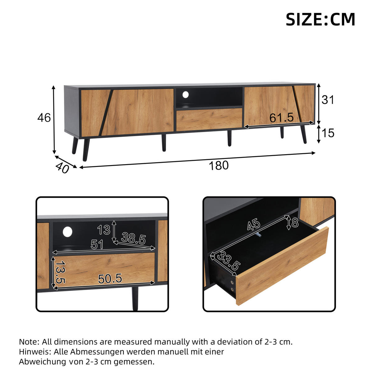 TV-ELEMENT mit 2 Türen und Schublade 180 x 40 x 46 cm Schwarz/Natural - Schwarz, Holzwerkstoff (40/46/180cm) - Beauniv