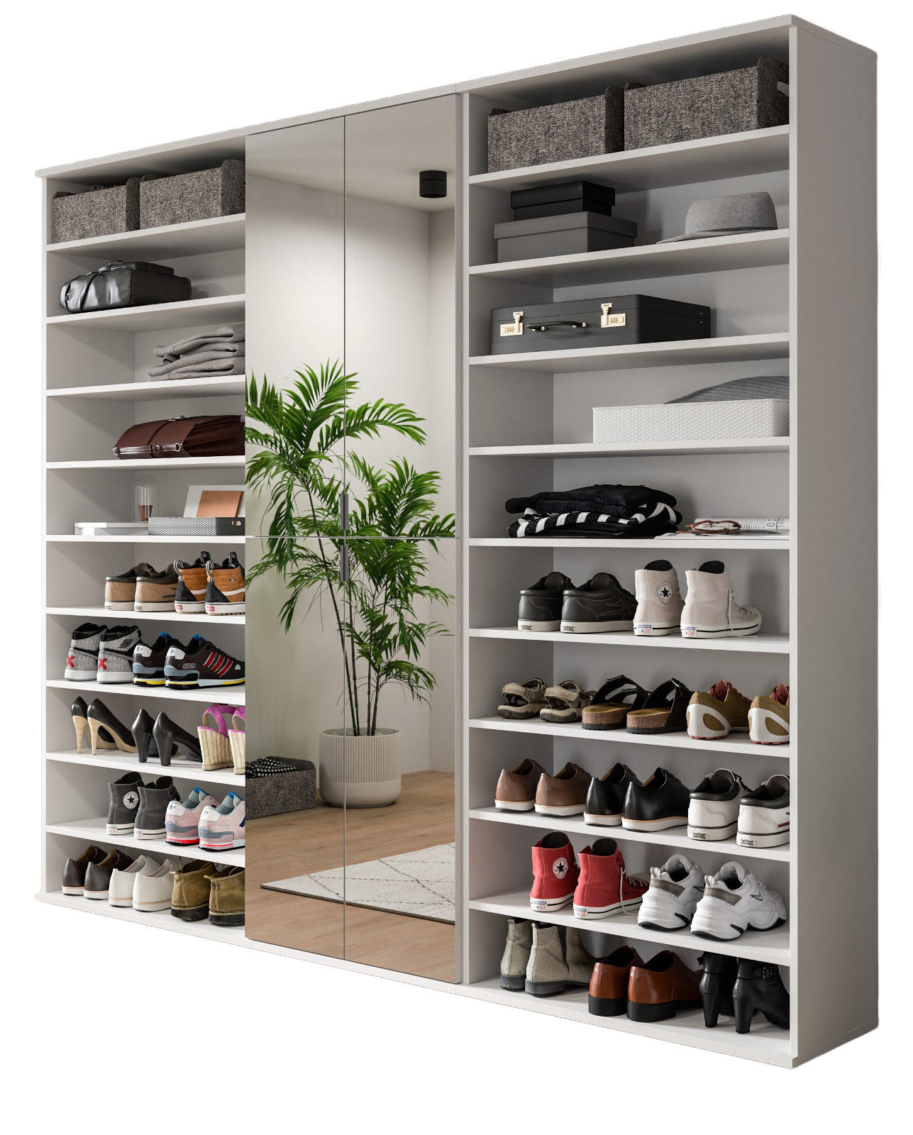GARDEROBENSCHRANK weiß 221 cm, Schuhschrank XXL mit 29 Fächern - Chromfarben/Weiß Hochglanz, Glas/Holzwerkstoff (221/193/34cm) - Inn.Furn