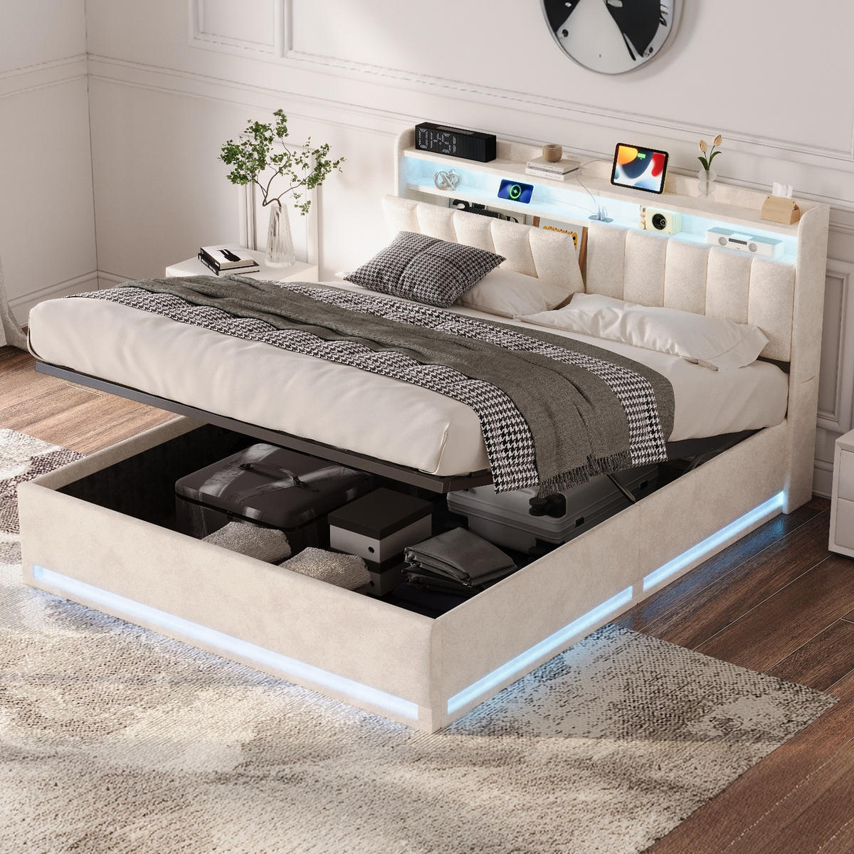 POLSTERBETT 160/200 cm, Beige, mit Stauraum, Bett für Erwachsene - Beige/Naturfarben, Holz/Metall (160/200cm) - FURNISHINGS HOME