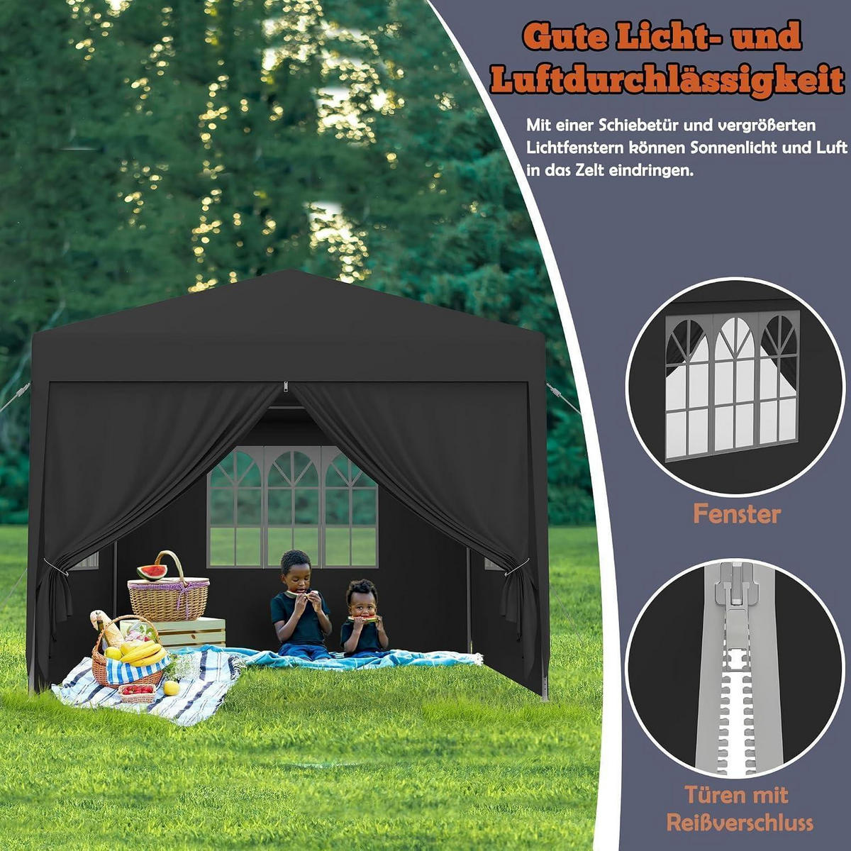 GARTENPAVILLON 3x3m Anthrazit Wasserdicht UV-Schutz mit Seitenteilen und Fenstern - Schwarz, Kunststoff (300/250/300cm)