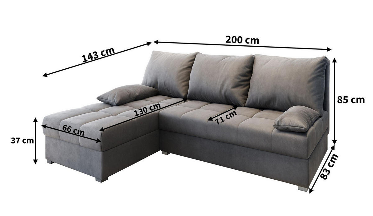 ECKSOFA RITA M Hellgrau Velours-Stoff mit Schlaffunktion - Hellgrau, Holz (200/141cm) - MASSENO
