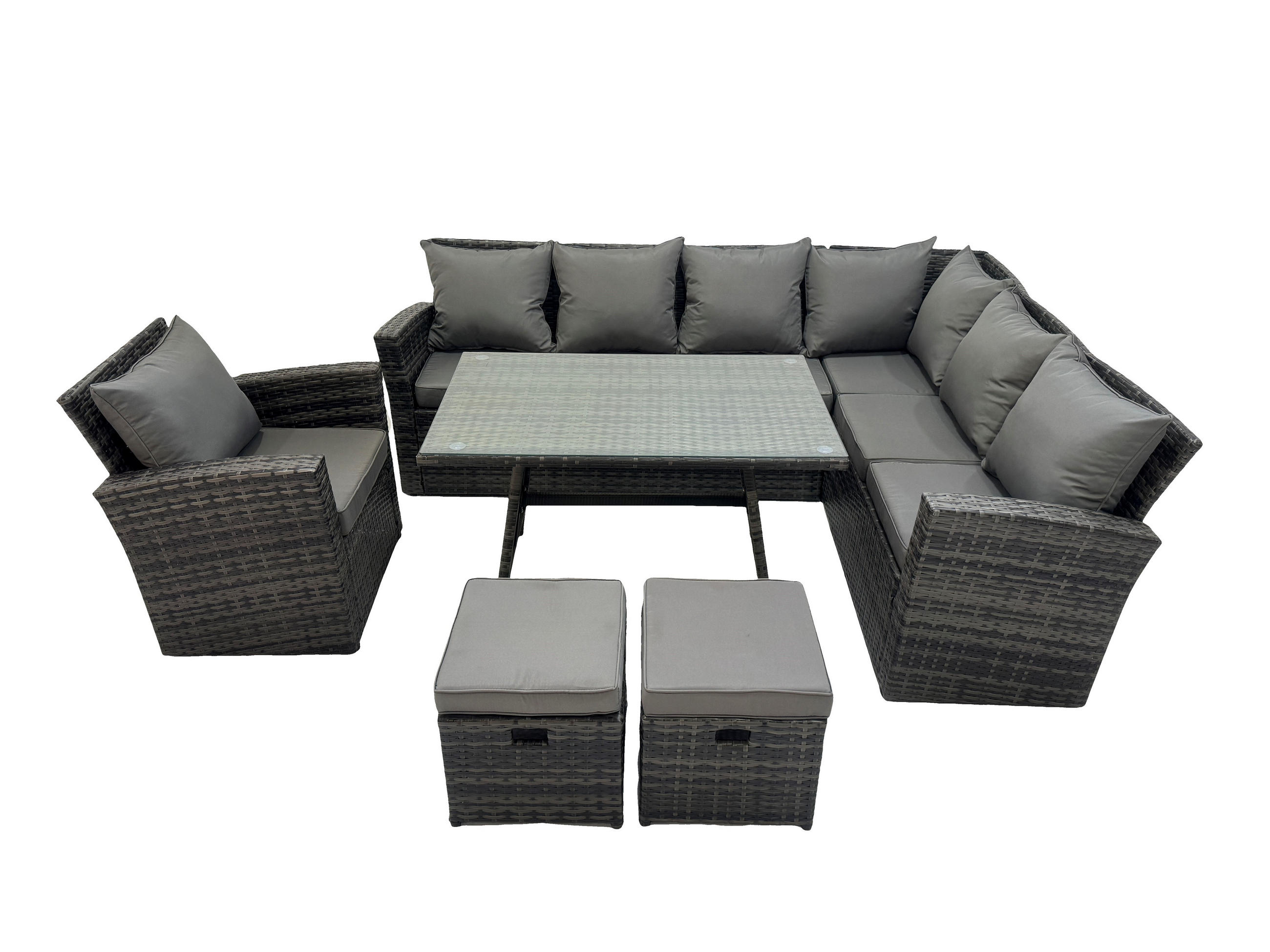 GARTENSET mit Esstisch Fußhocker Polyrattan 9-Sitzer - Dunkelgrau/Grau, Glas/Kunststoff - Fimous