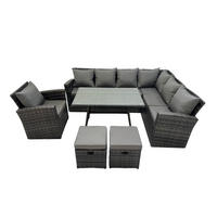 GARTENSET mit Esstisch Fußhocker Polyrattan 9-Sitzer - Dunkelgrau/Grau, Glas/Kunststoff - Fimous