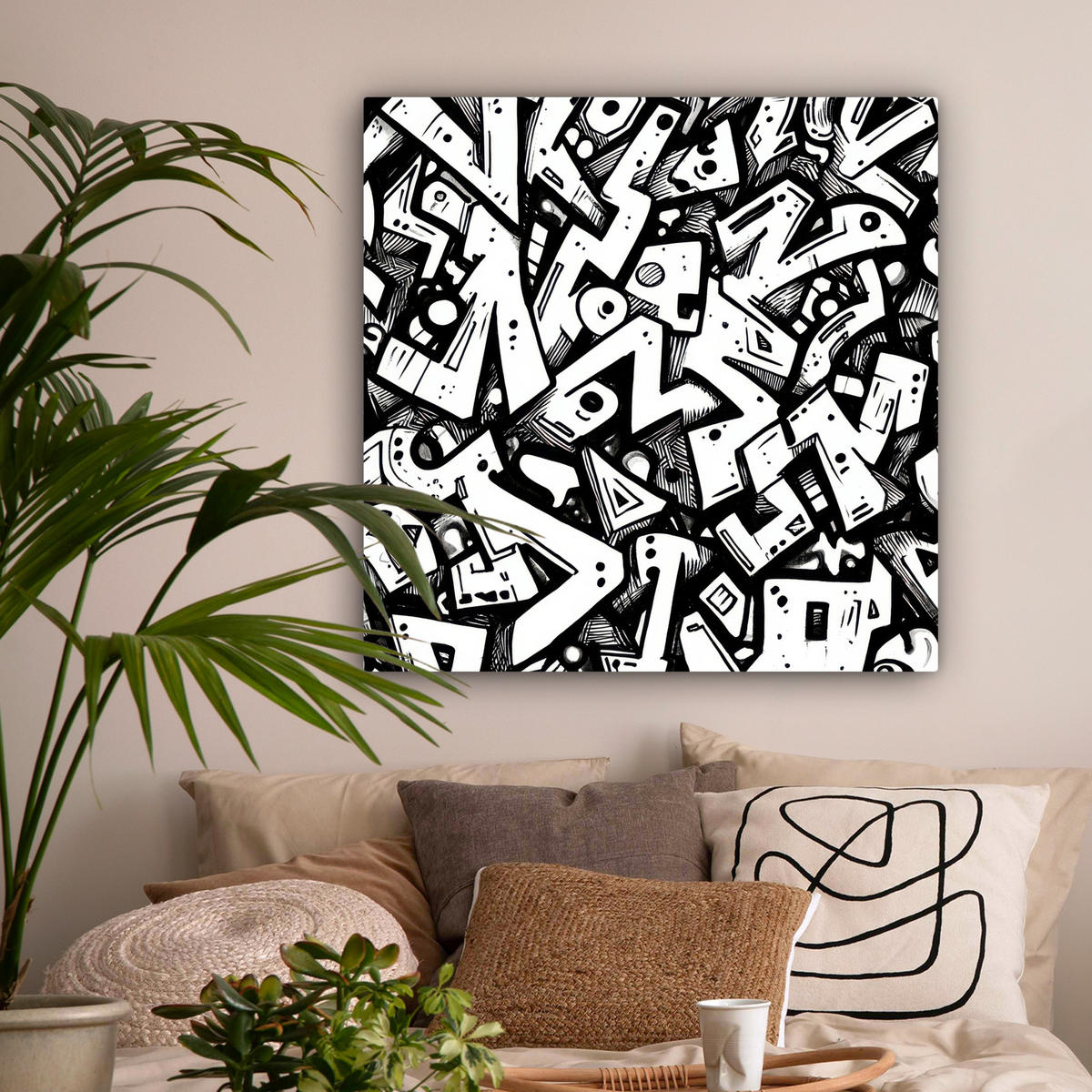 LEINWANDBILD Formen - Buchstaben - Graffiti - Schwarz Deko Groß 90x90 cm - Schwarz, Textil (90/90cm) - MuchoWow