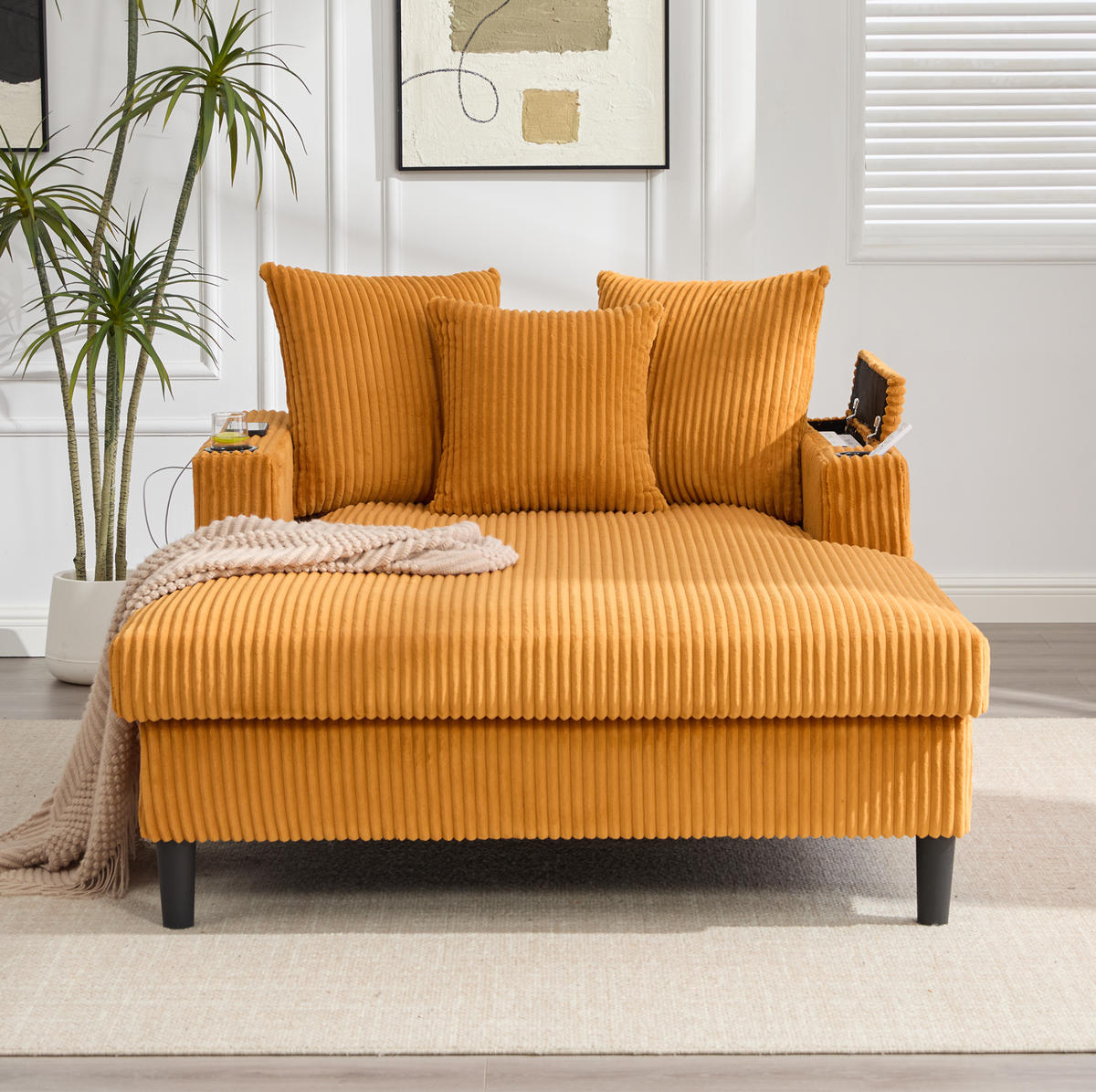 CHAISELONGUE 129/170/70 cm aus Cord mit LED-Beleuchtung, USB-Anschluss, Stauraum und Becherhaltern, Senfgelb - Gelb, Textil (170/70/129cm) - Redom