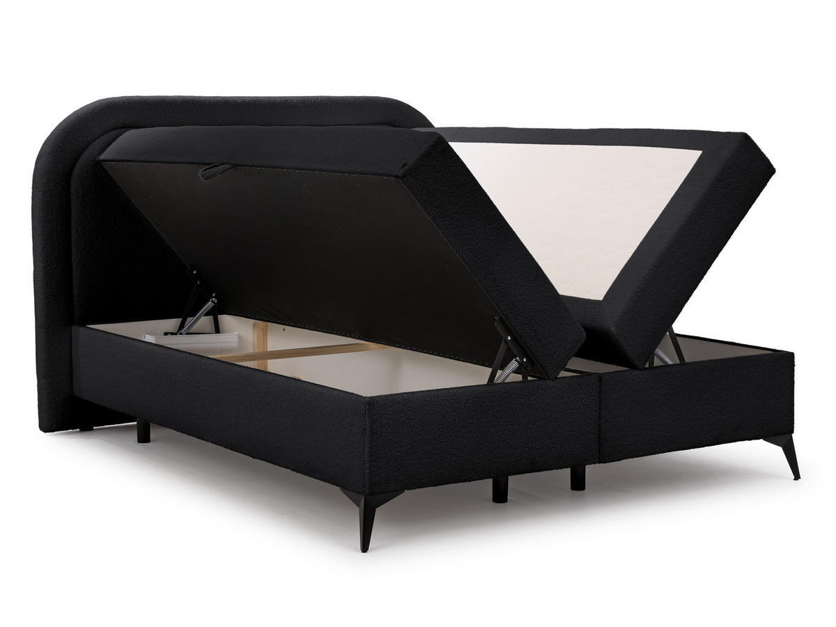 BOXBETT Sonna 160/200 cm Schwarz Bouclé-Stoff mit abgerundetem Kopfteil und mit schwarzen Metallfüße - Schwarz, Holz/Textil (160/200cm) - S-Style Möbel