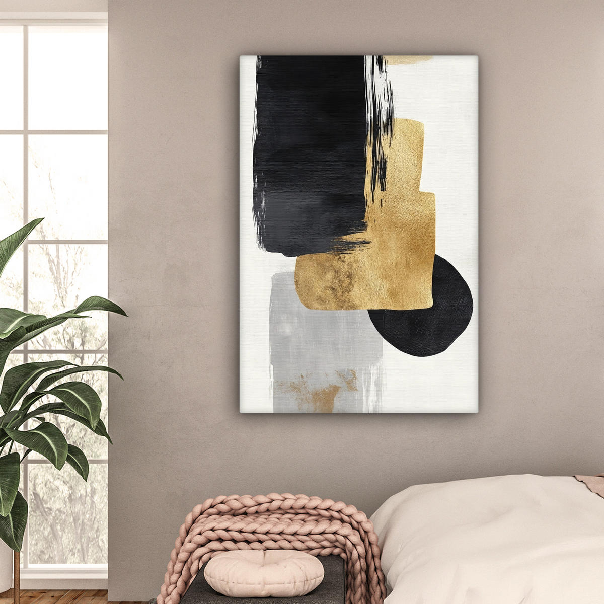 LEINWANDBILD Gold - Rechtecke - Kreise - Abstrakt Deko XXL 80x120 cm - Weiß, Textil (80/120cm) - MuchoWow