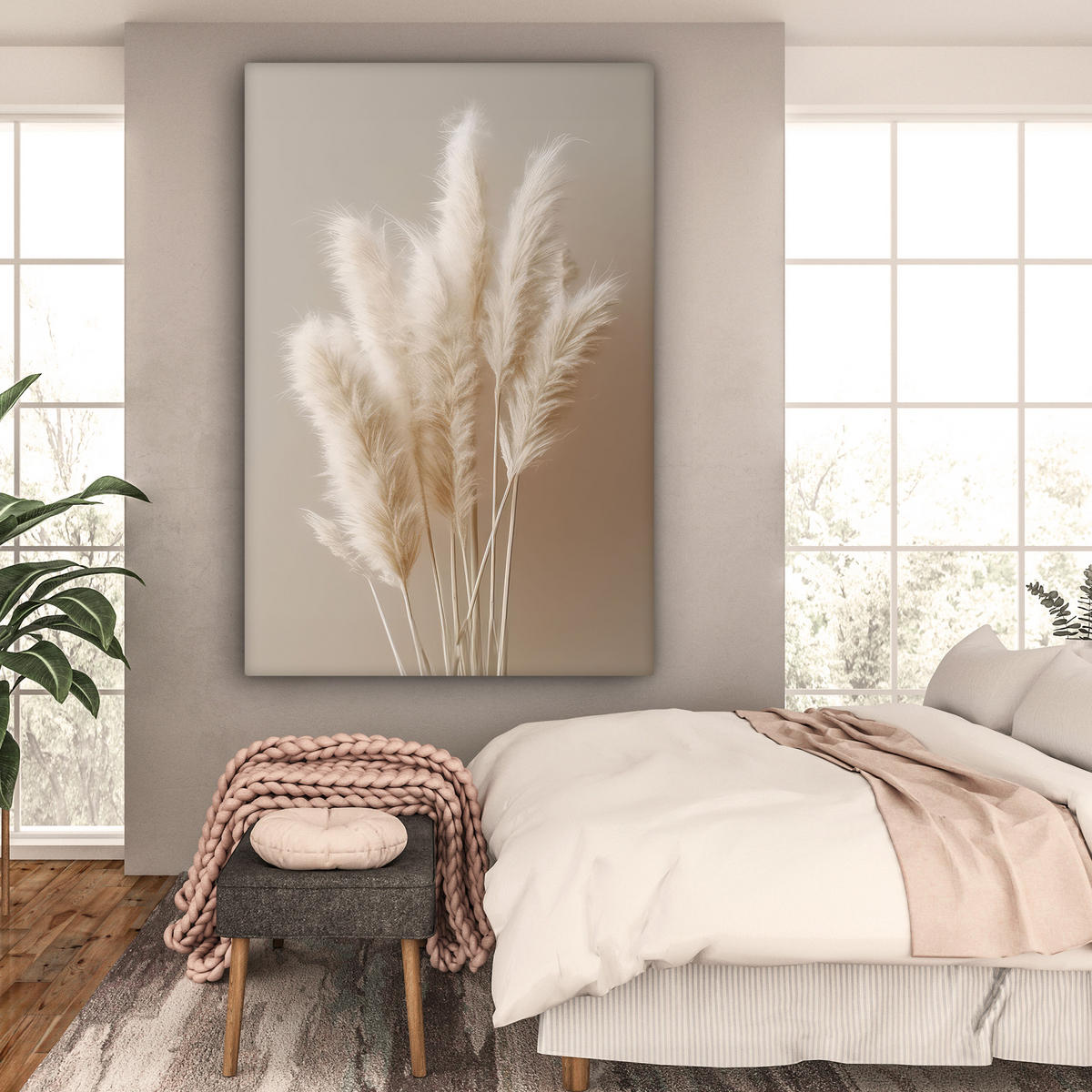 LEINWANDBILD Pampasgras - Federn - Pastell - Weiß Deko Groß 90x140 cm - Naturfarben, Textil (90/140cm) - MuchoWow