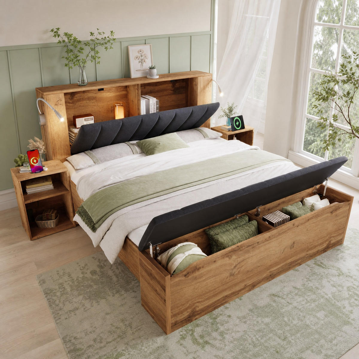 BETT 180/200 mit Bettbank, USB und Leselampen in Eiche - Eichefarben/Grau, Holzwerkstoff/Textil (180/200cm) - EVRYAE