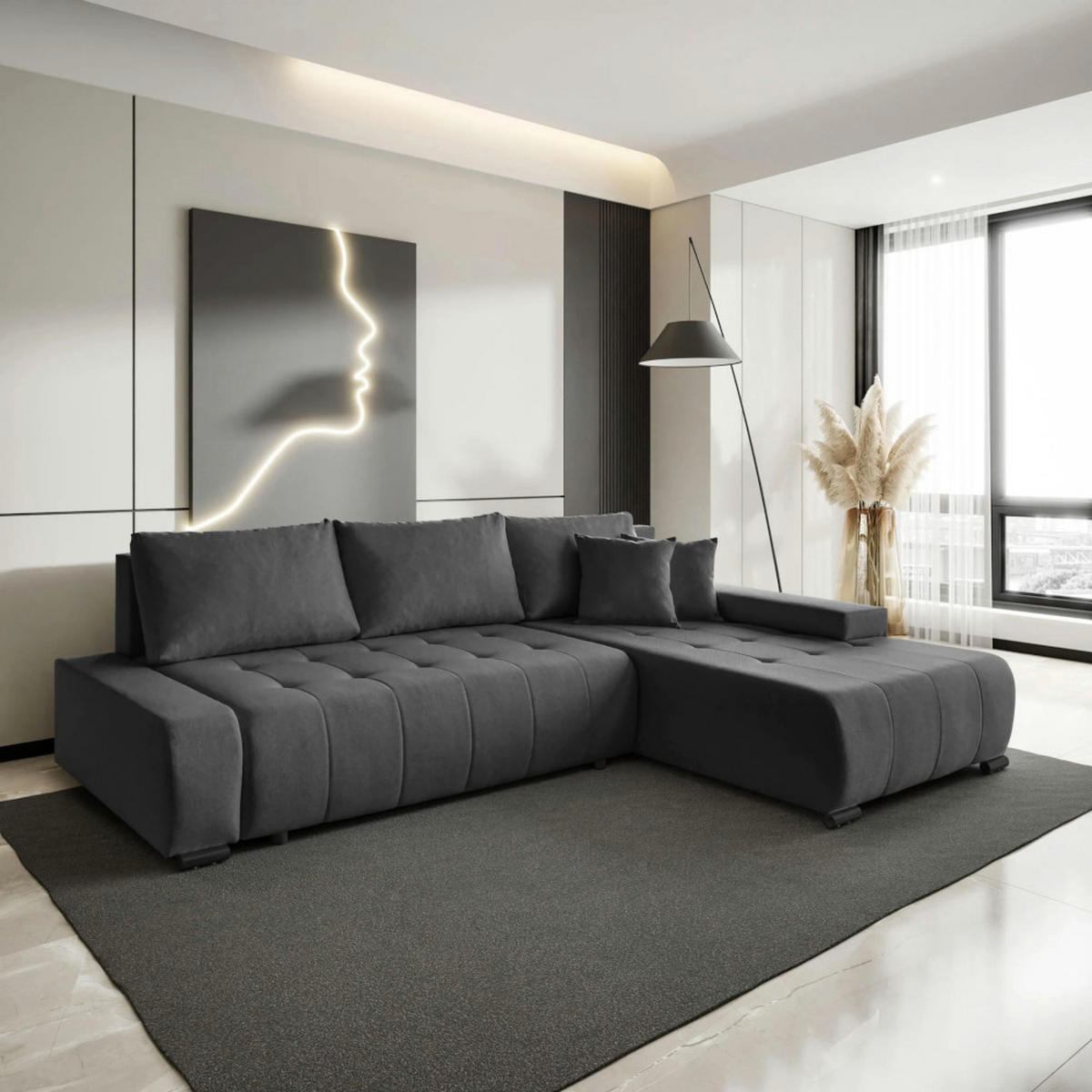 ECKSCHLAFSOFA Draco L Graphit - Schwarz/Graphitfarben, Textil/Metall (268/183cm) - Beautysofa