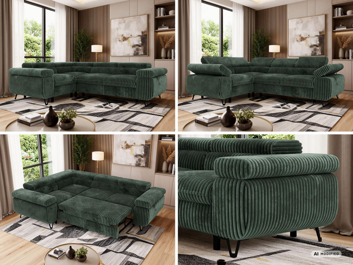 ECKSOFA FALCO L - Dunkelgrün Cord - Links Seite - Dunkelgrün/Schwarz, Textil/Metall (197/268cm) - MKS