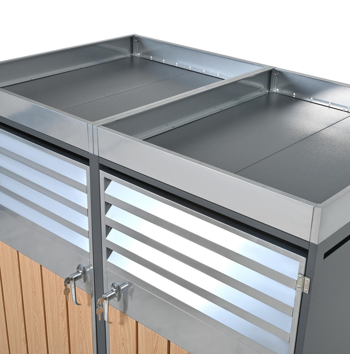 MÜLLTONNENBOX aus Stahl in Grau Holzoptik mit Pflanzfläche & abschließbar - Grau, Metall (132/124.5/80cm) - Modfu