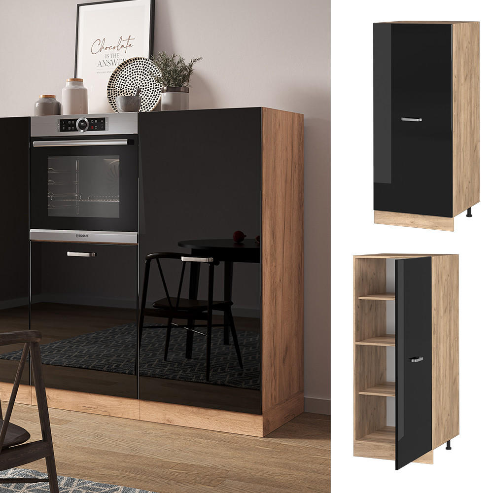 HOCHSCHRANK R-Line Schwarz Hochglanz 60 cm - Schwarz Hochglanz/Eiche Wotan, Holzwerkstoff (60/143/57cm) - Vicco