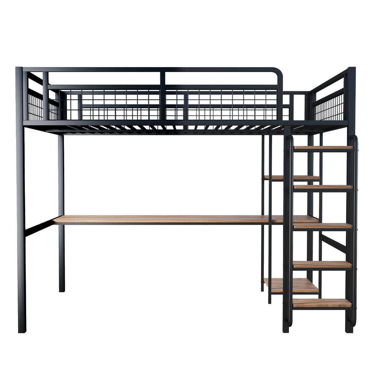 HOCHBETT 140/200 cm aus Metall und MDF mit Schreibtisch, Regal und Sicherheitsleiter Schwarz - Schwarz, Metall (140/200cm) - Modenvie