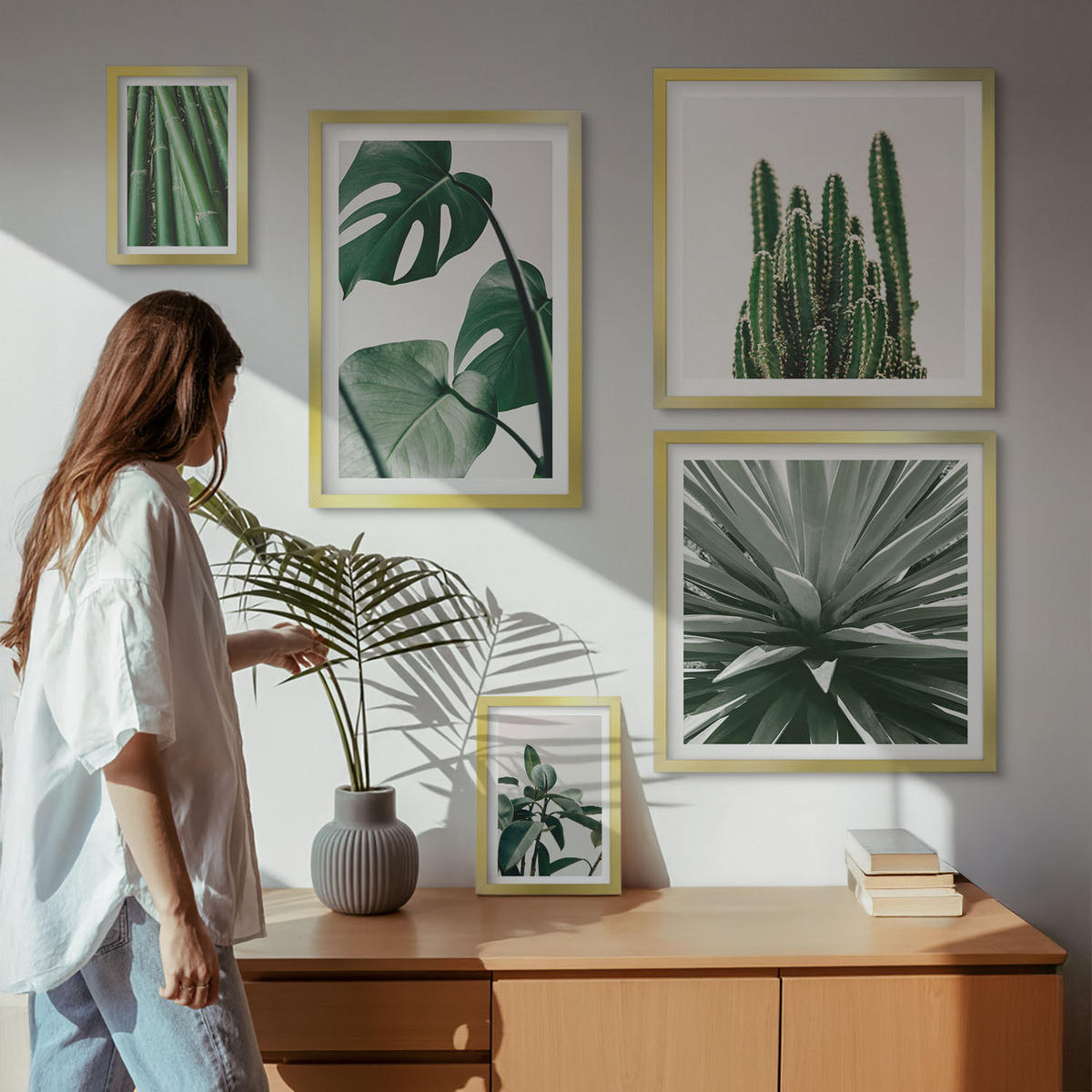 WANDBILDER 5er Set - 50x50 cm & 20x30 cm & 40x60 cm Goldrahmen - Bambusblätter - Goldfarben, Kunststoff (40/60cm) - ArtPrintCave
