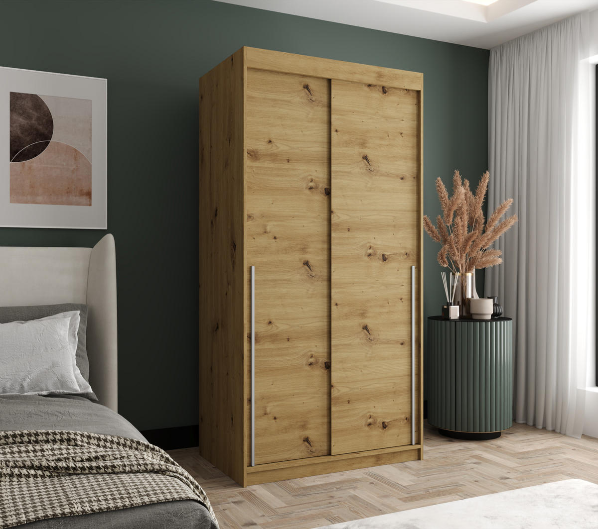 SCHIEBETÜRENSCHRANK 100 cm Breite Artisan mit silbernem Griff - Silberfarben/Eiche Artisan, Holzwerkstoff (100/200/62cm) - Home Collective