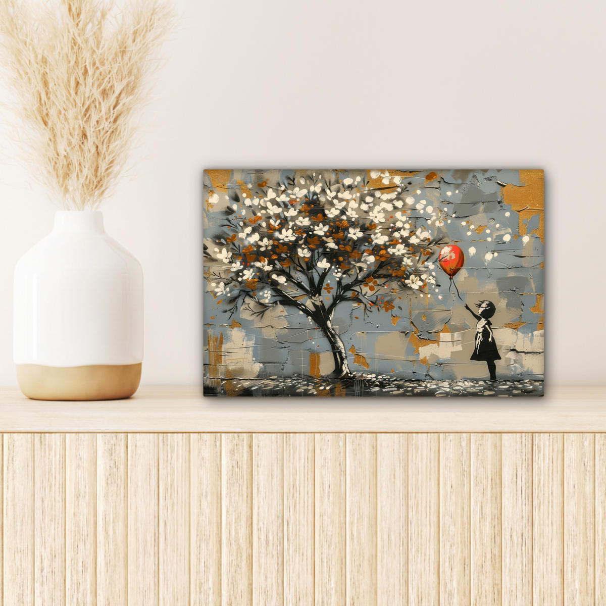 LEINWANDBILD Baum - Graffiti - Banksy-Stil - Ballon-Mädchen Deko Schlafzimmer 30x20 cm - Blaugrau, Textil (30/20cm) - MuchoWow