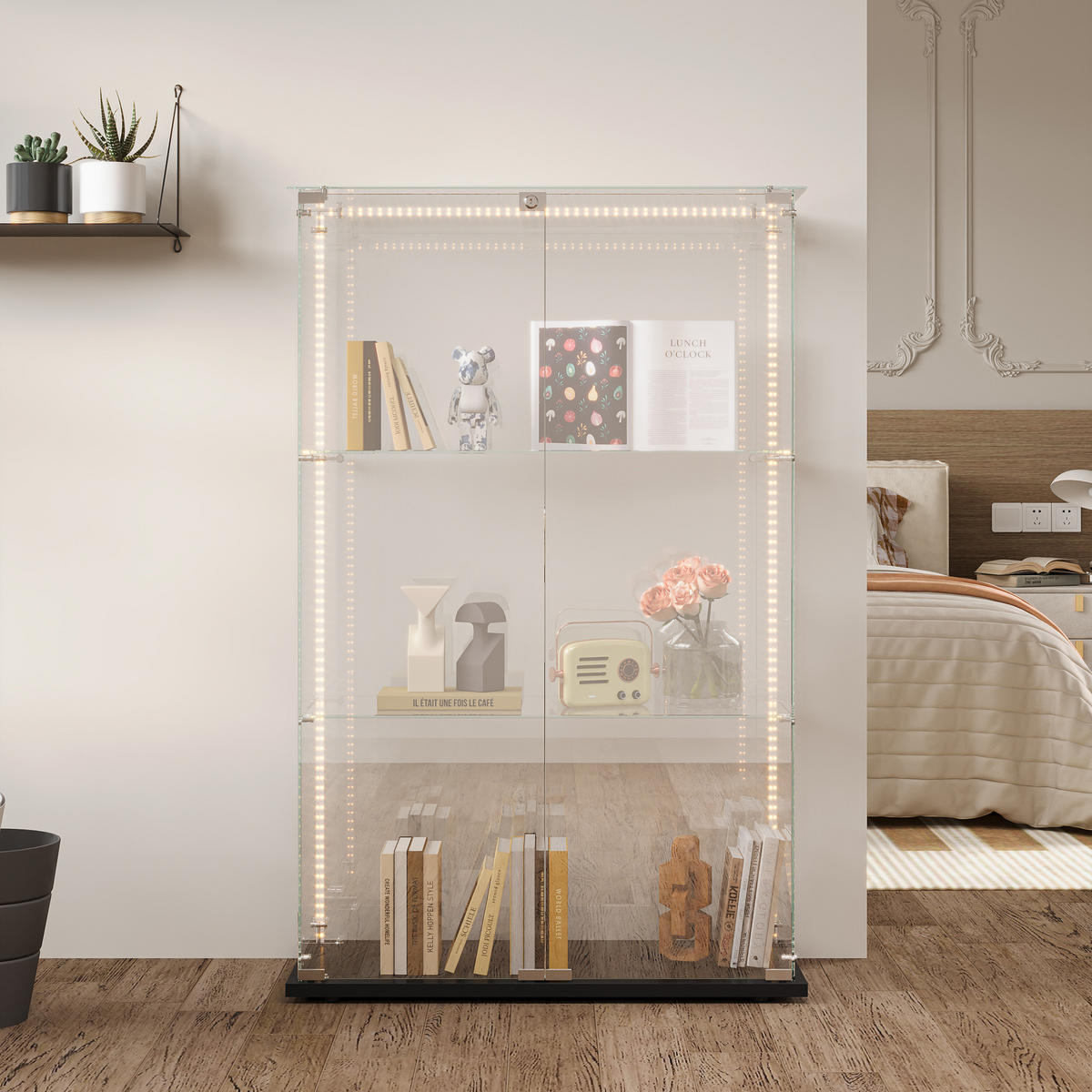 GLASVITRINE freistehend 2 Türen Schloss 3 Einlegeböden LED schwarz - Schwarz, Holz (78.5/123.3/35cm) - LEBENLANG