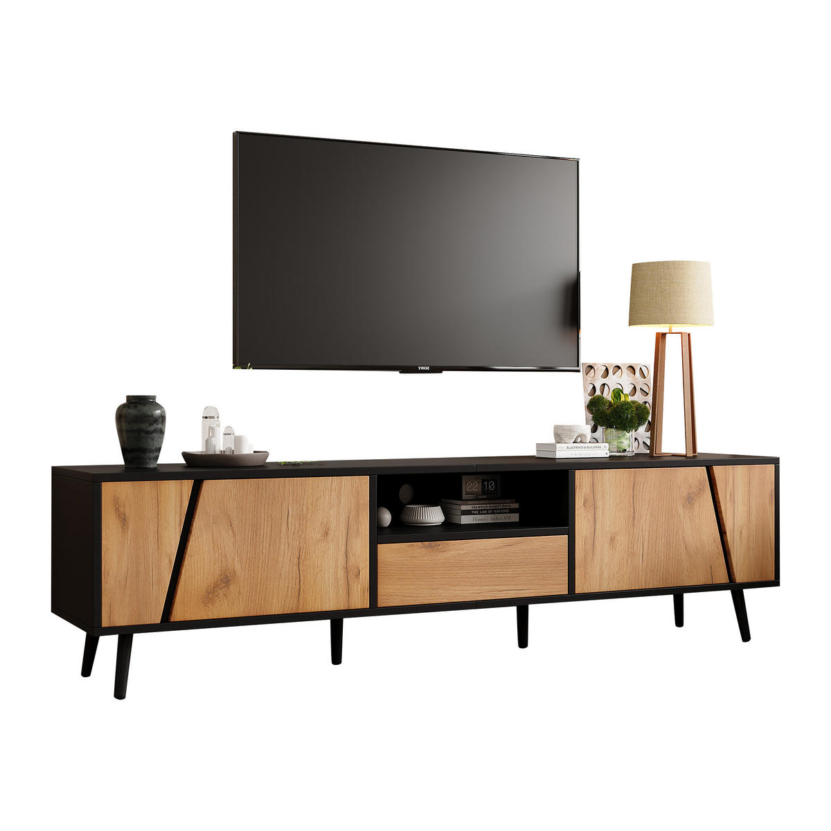 TV-RACK 180x40x46cm Holz-Schwarz Push-to-Open für 75-Zoll-Fernseher - Schwarz, Holz (50.8/12.07/64.77cm) - Raelunyi