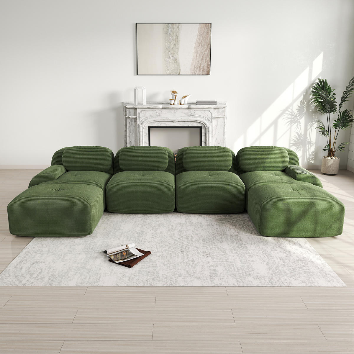 WOHNLANDSCHAFT Cord Grün montagefrei - Grün, Textil (388/75/178cm) - WISHDOR