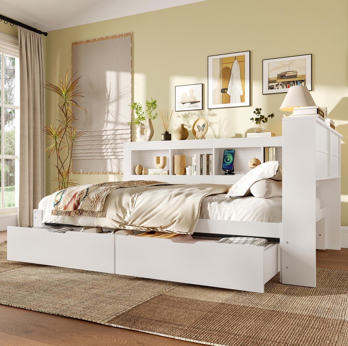 TAPECIRANI krevet na razvlačenje, 140/200 cm, MDF/borovo drvo, bijeli s USB - bijela, drvni materijal (140/200cm) - BEAOK