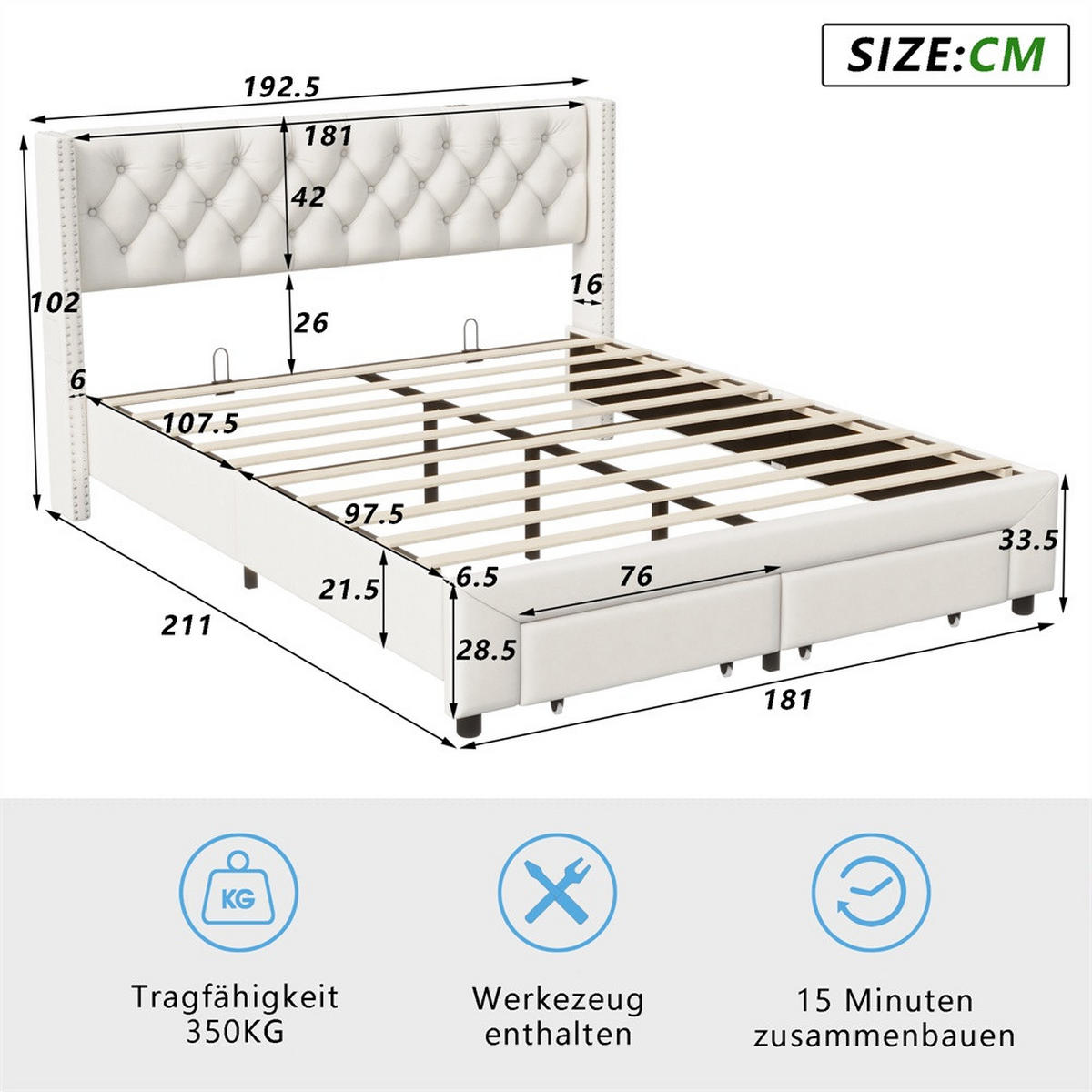 POLSTERBETT 180x200 cm mit LED-Beleuchtung - mit USB-Ports, Seitentaschen und 2 Schubladen - Kopfteil im Nieten-Design - Beige, Textil (180/200cm) - DELFA