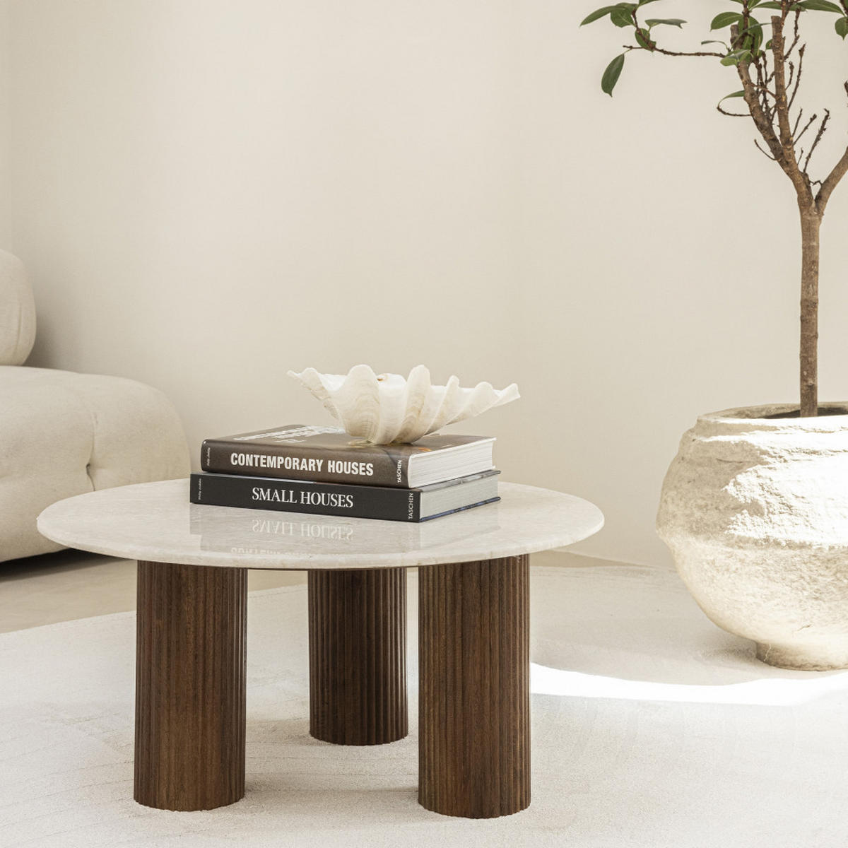 COUCHTISCH aus Marmor und Massivholz ø80cm - SULA - color_white_ivory - Ecru, Stein (80/80/38cm) - Drawer